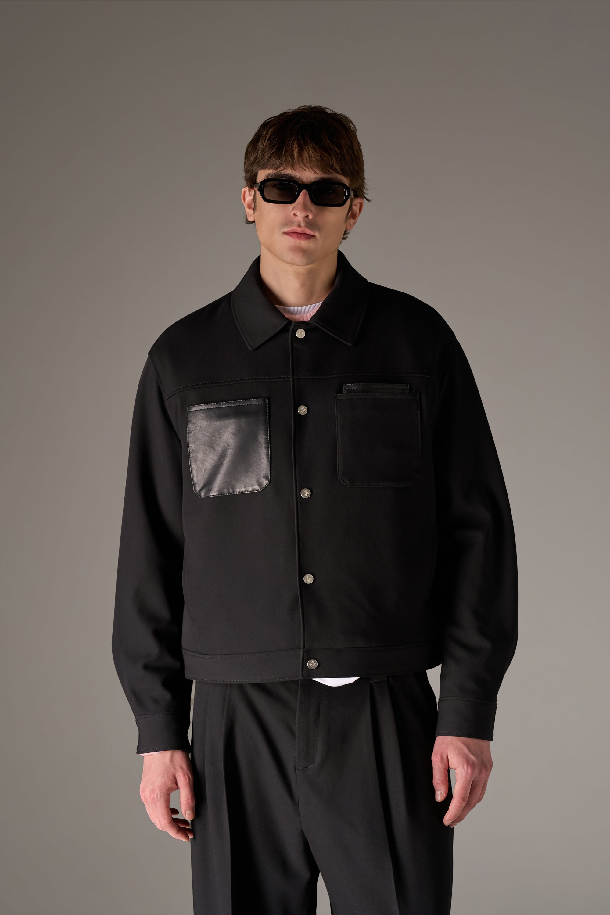 FAUX LEATHER POCKET TAILORED JACKET - BLACK