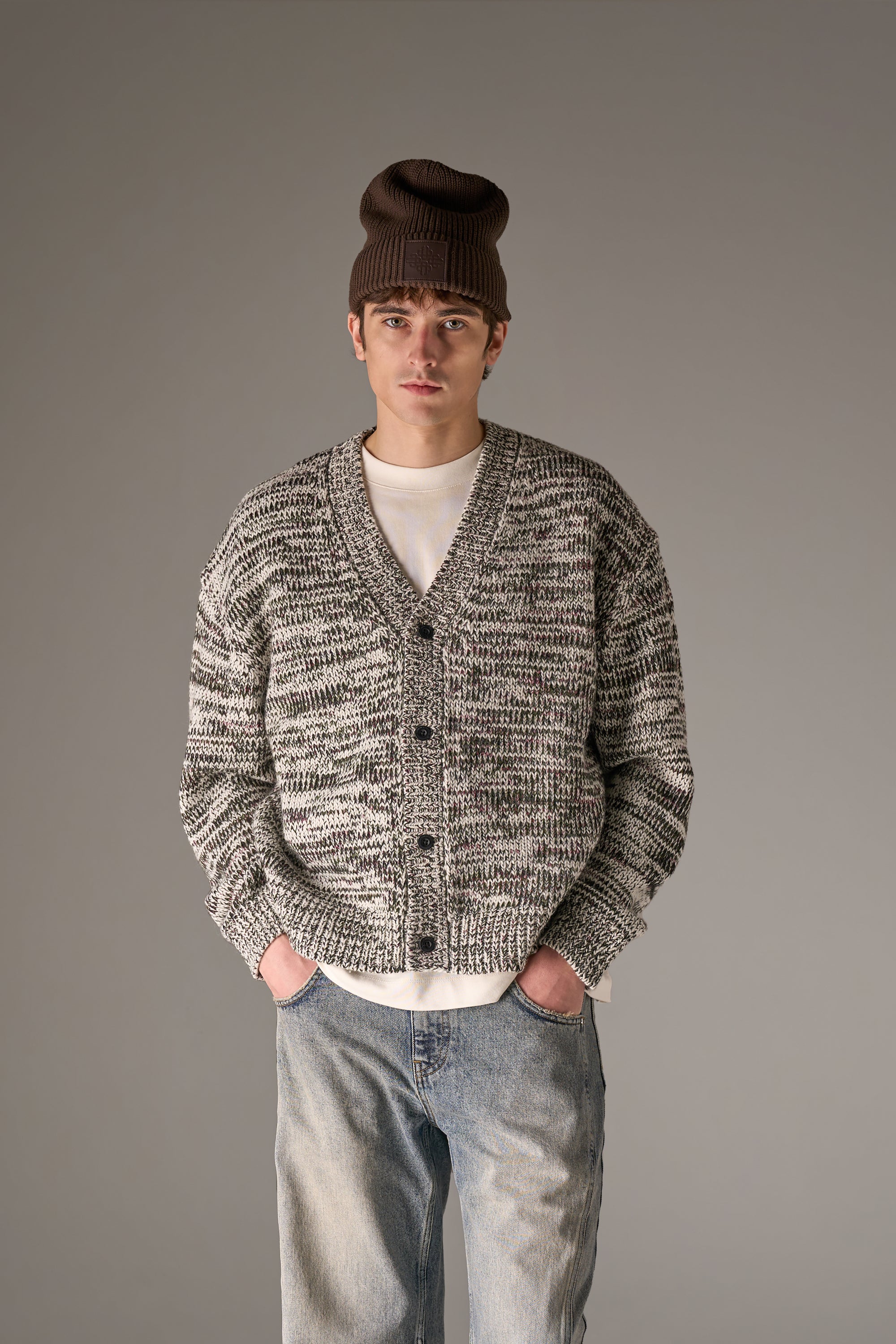 MIXED YARN KNITTED CARDIGAN - WHITE/KHAKI