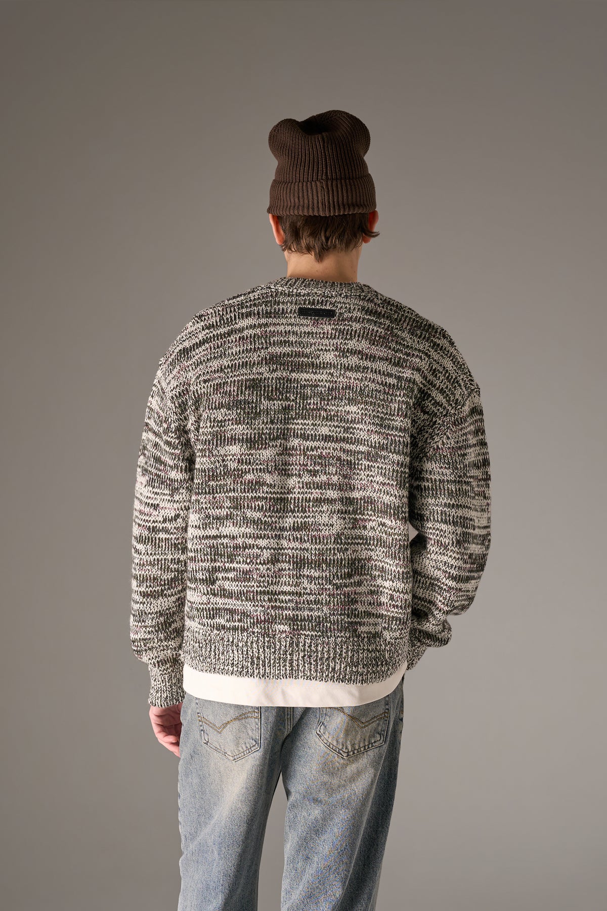 MIXED YARN KNITTED CARDIGAN - WHITE/KHAKI