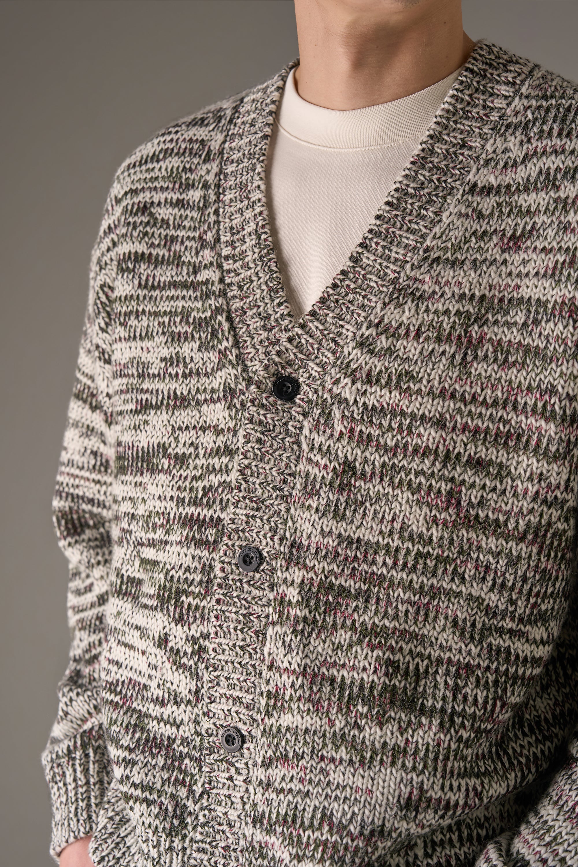 MIXED YARN KNITTED CARDIGAN - WHITE/KHAKI