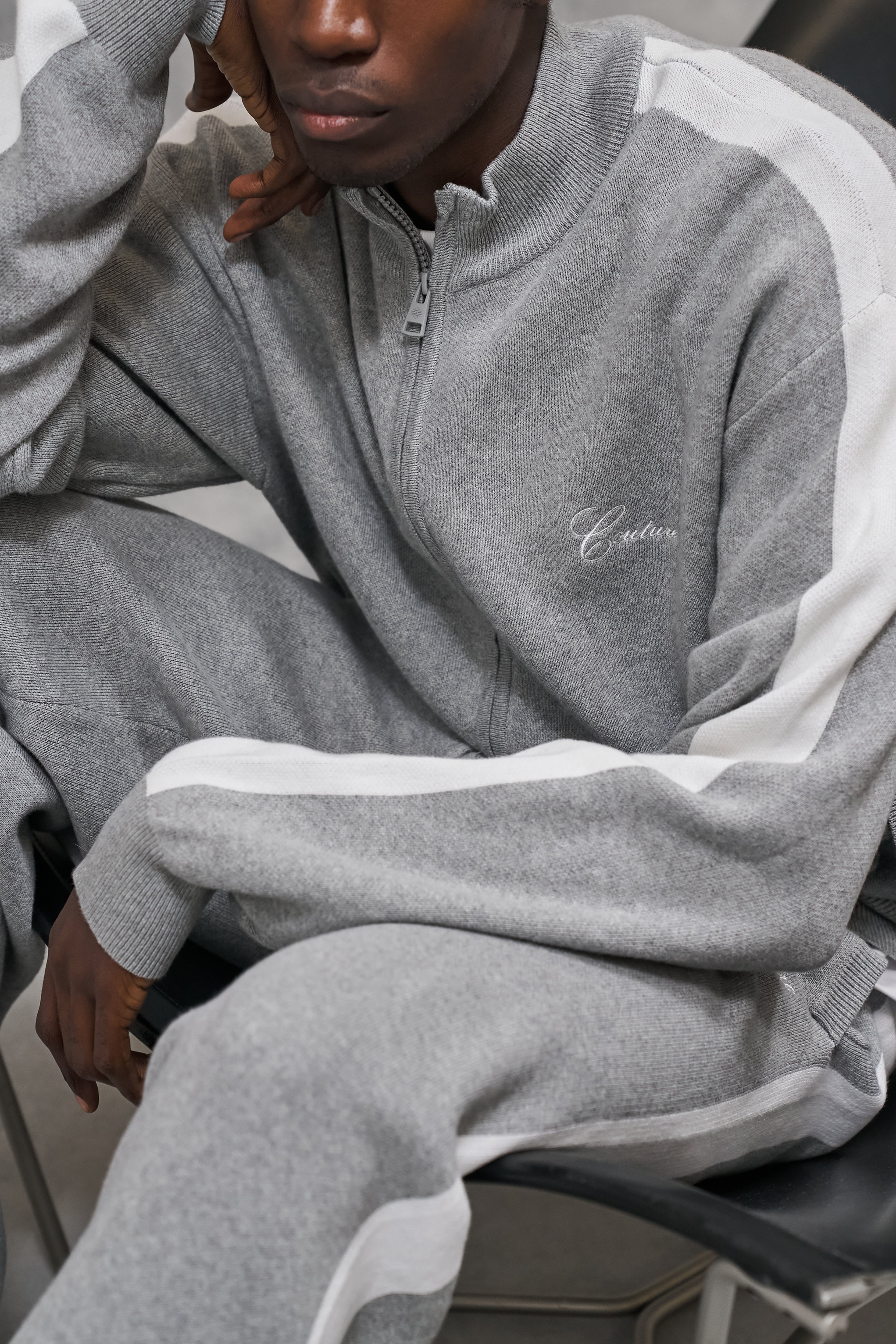 SIDE STRIPE KNITTED TRACK JACKET - GREY MARL