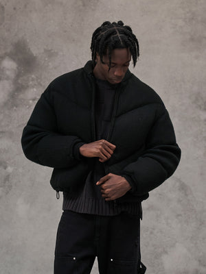 KNITTED CHEVRON PANELLED PUFFER COAT - BLACK