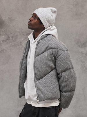 KNITTED CHEVRON PANELLED PUFFER COAT - GREY MARL