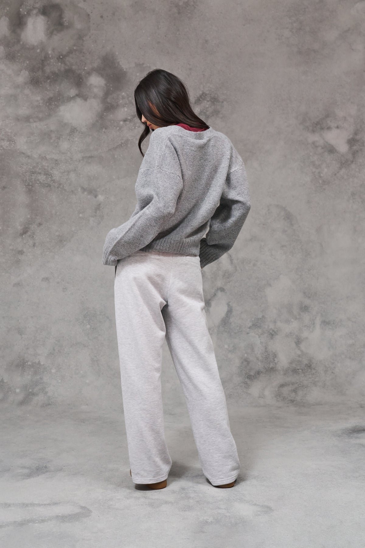 DOUBLE WAISTBAND WIDE LEG JOGGERS - GREY MARL