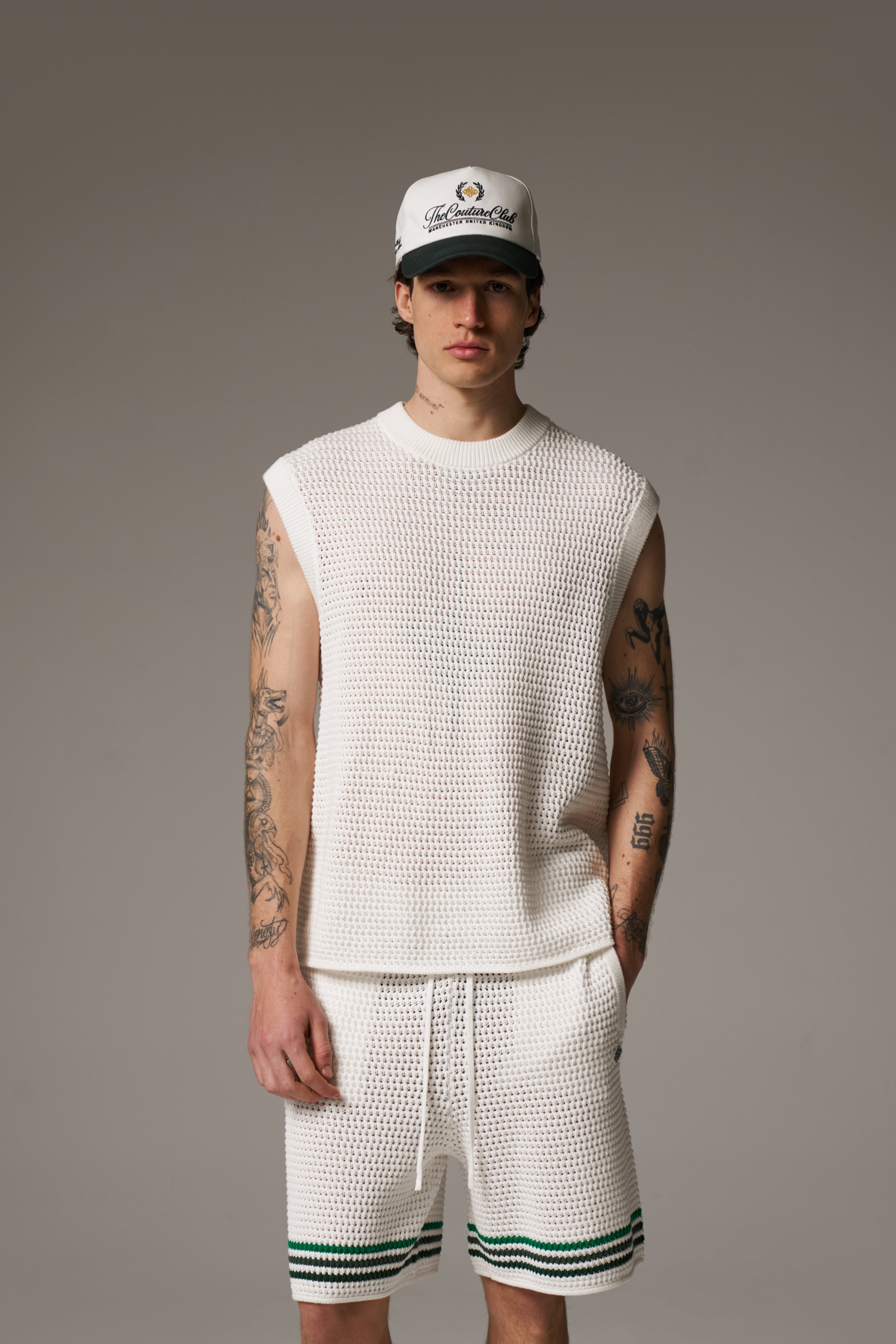 STRIPE CROCHET KNIT SHORTS - WHITE
