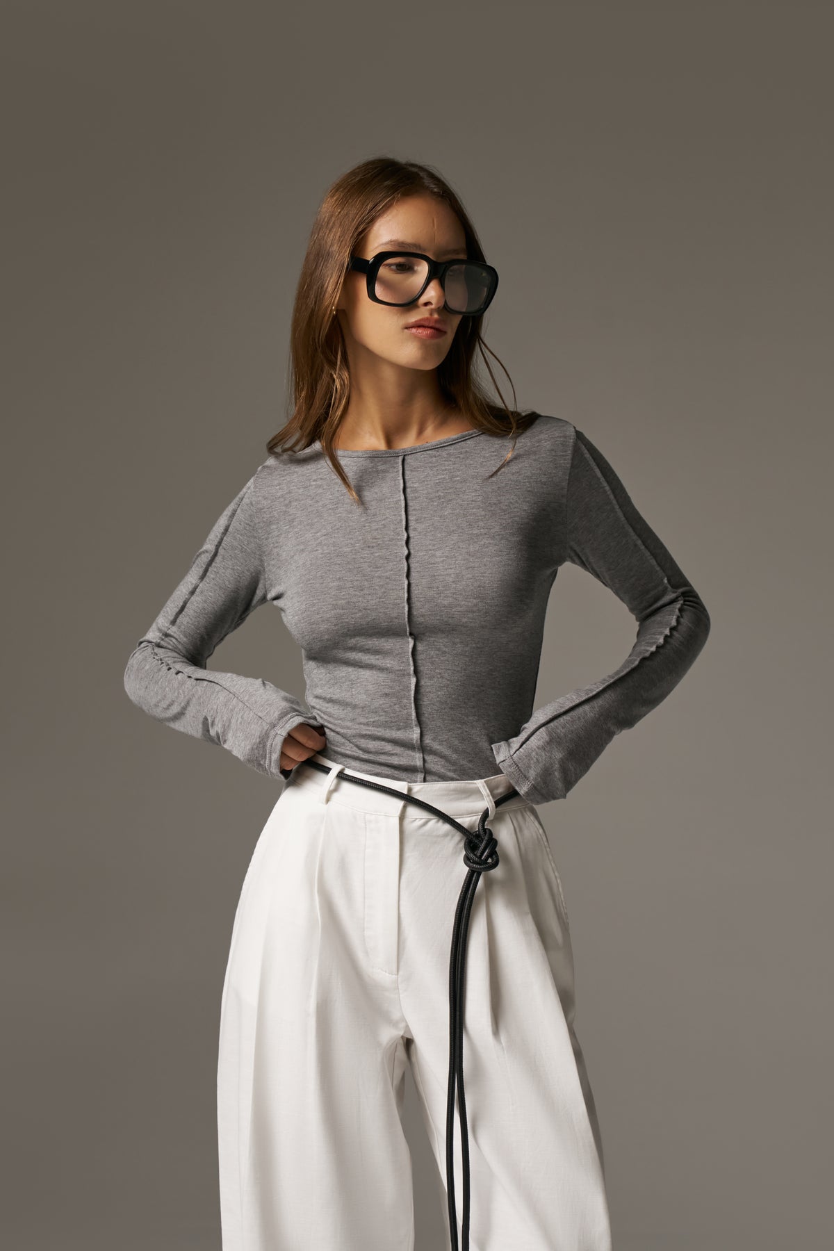 LONG SLEEVE SLUB TOP - GREY