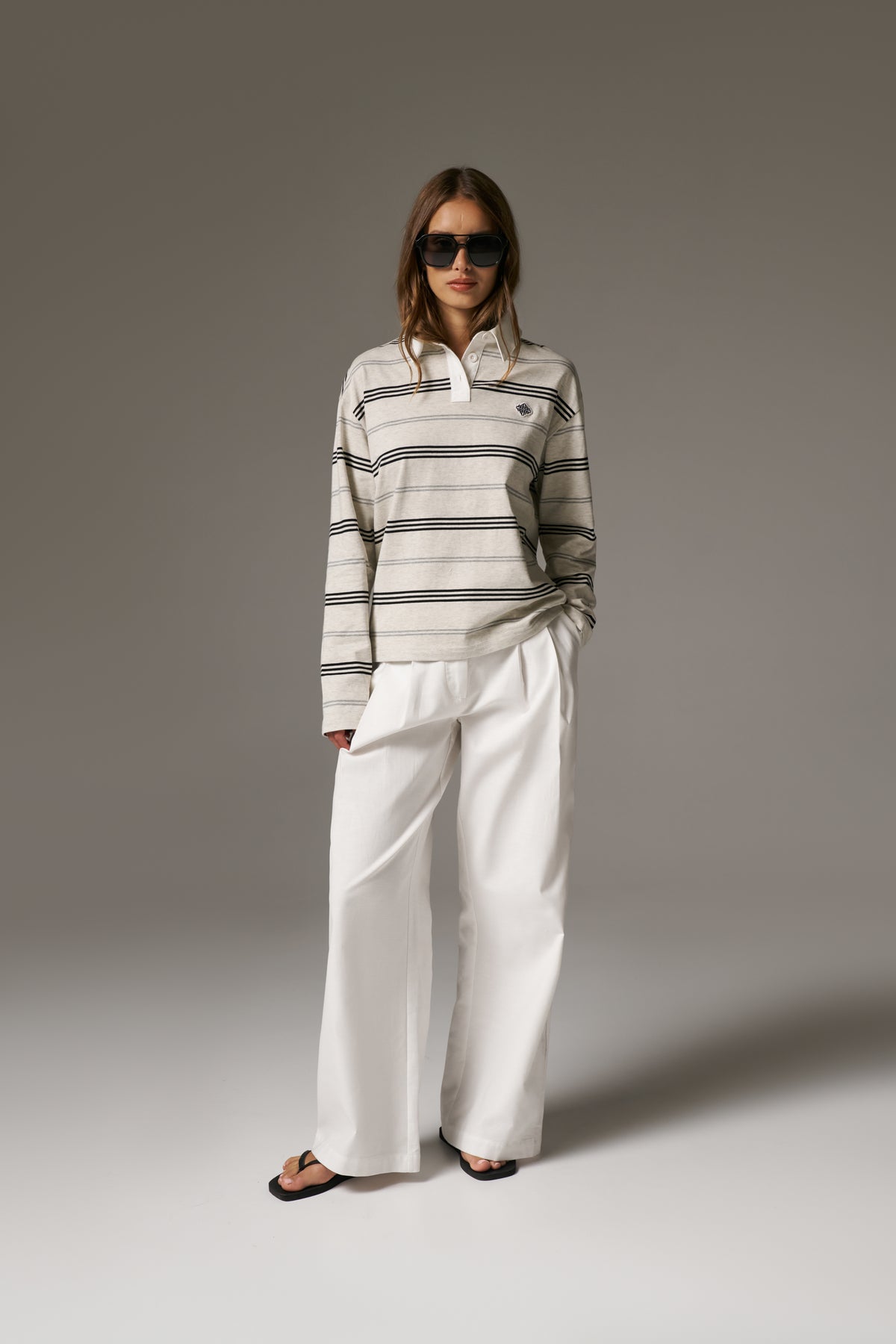 STRIPED LONG SLEEVE POLO TEE - GREY MARL