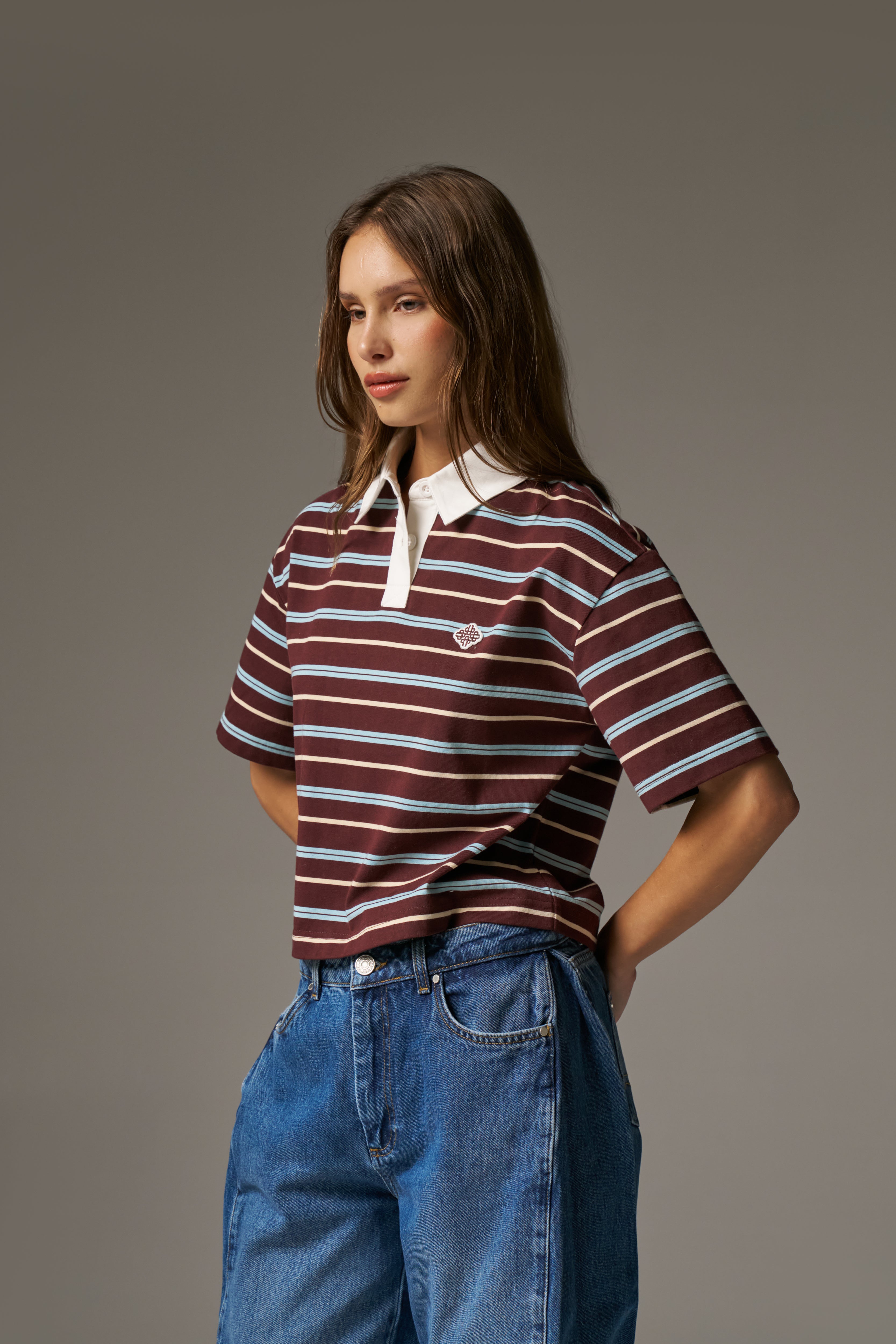 STRIPED POLO TEE - CHOCOLATE