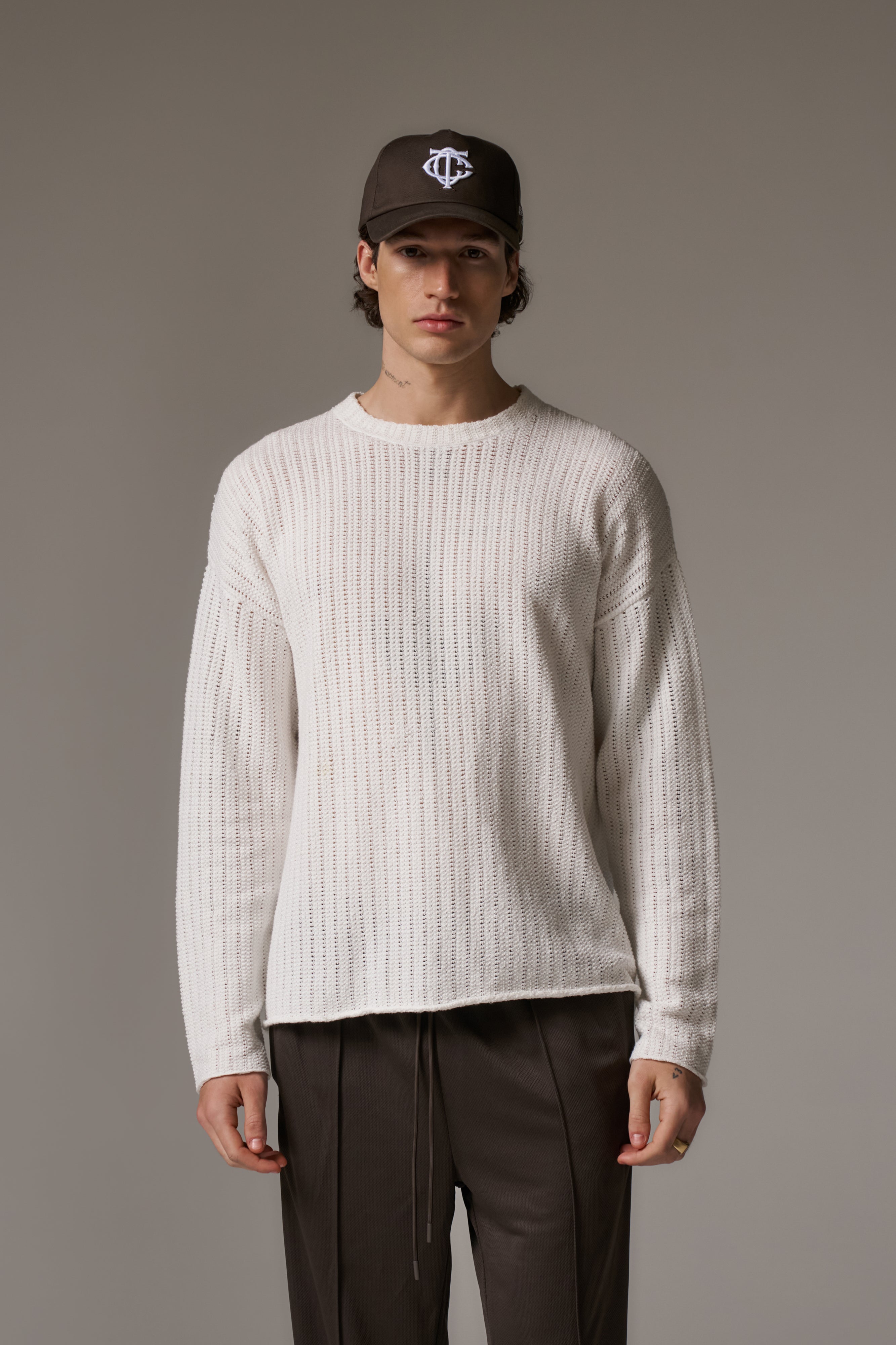 COPYRIGHT CROCHET LONG SLEEVE T-SHIRT - WHITE