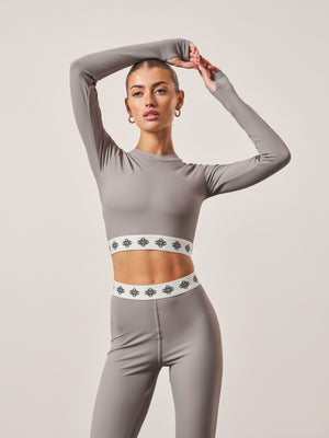 BRANDED WAISTBAND FITTED RIBBED TOP - GREY