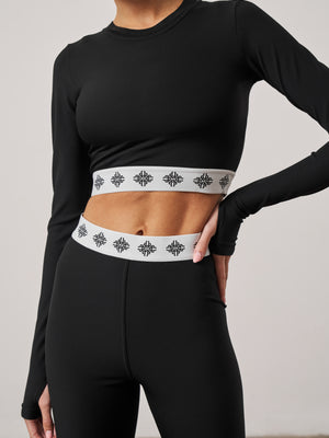 BRANDED WAISTBAND FITTED RIBBED TOP - BLACK