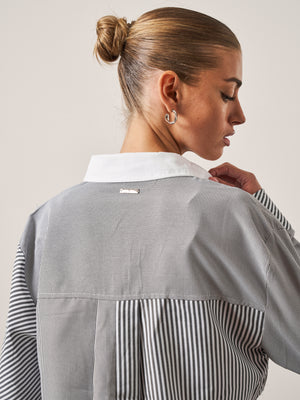 SPLICED MIXED STRIPE CROPPED SHIRT - GREY