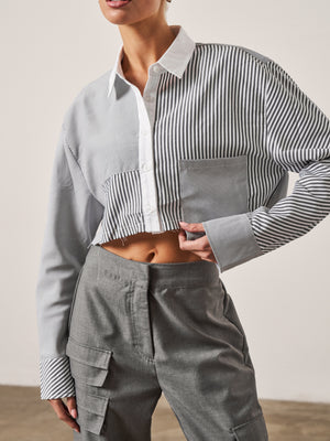 SPLICED MIXED STRIPE CROPPED SHIRT - GREY