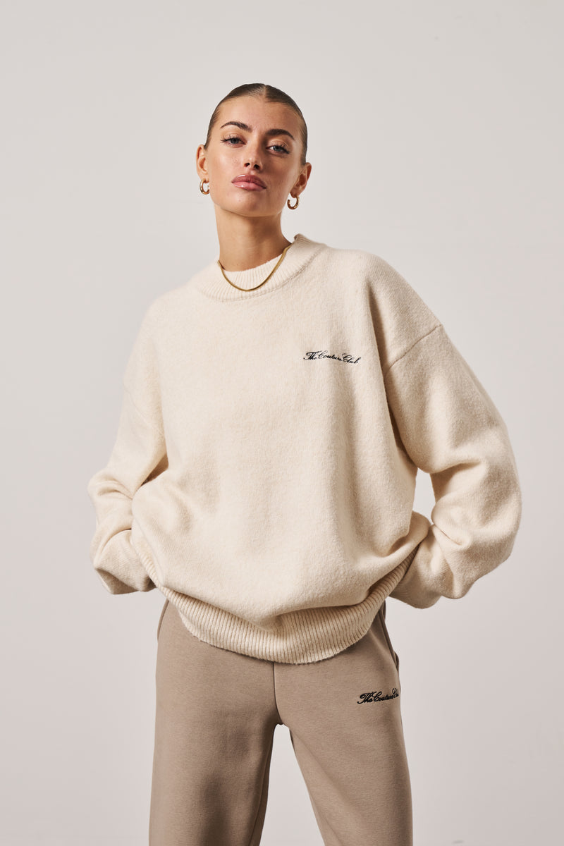 COUTURE SCRIPT KNITTED CREW - OFF WHITE – The Couture Club