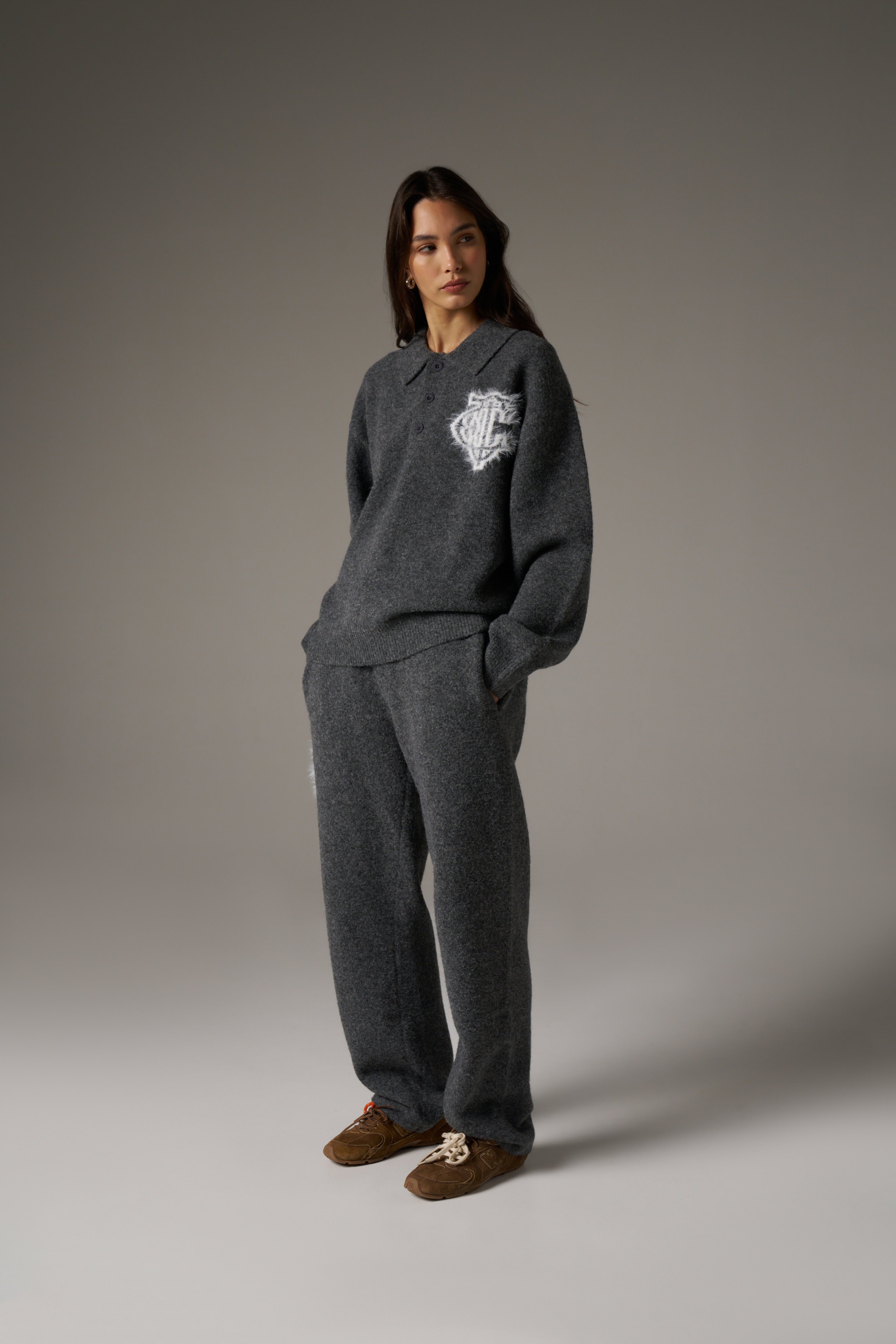 MONOGRAM FLUFFY KNIT POLO - CHARCOAL