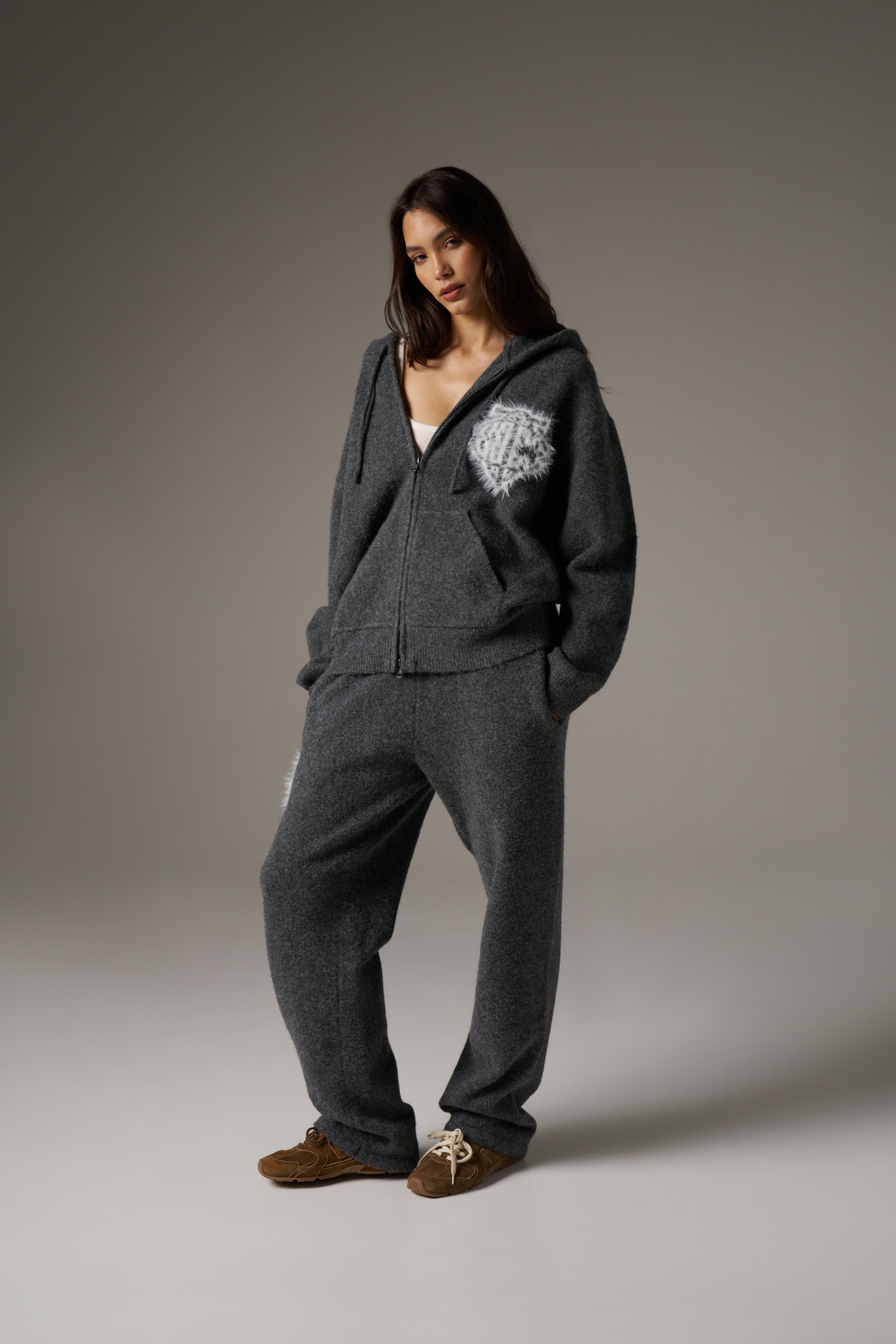 MONOGRAM FLUFFY KNIT ZIP THROUGH HOODIE - CHARCOAL | The Couture Club