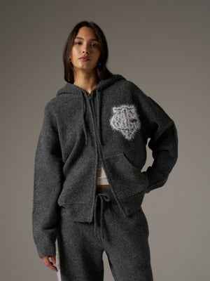 MONOGRAM FLUFFY KNIT ZIP THROUGH HOODIE - CHARCOAL