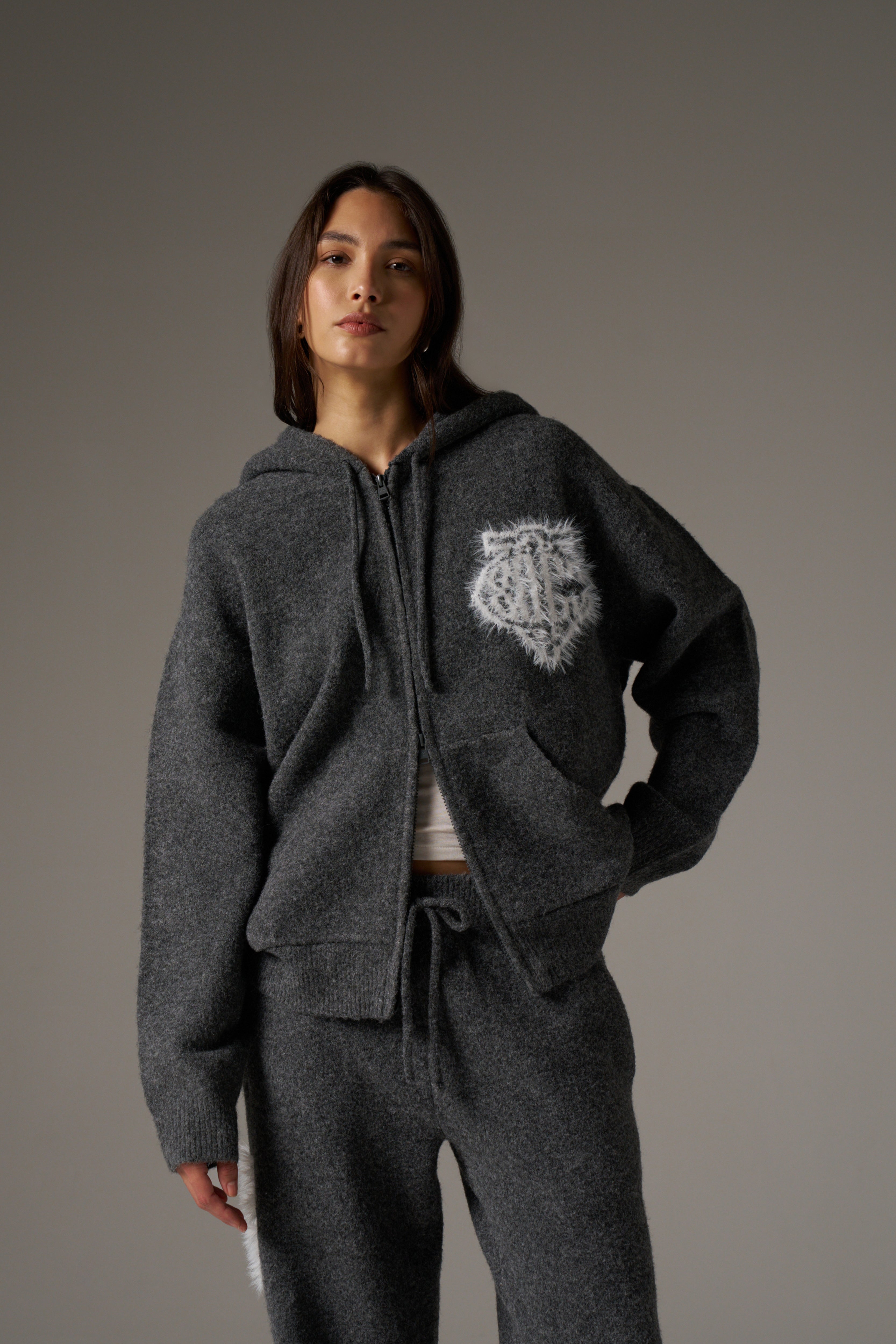 MONOGRAM FLUFFY KNIT ZIP THROUGH HOODIE - CHARCOAL