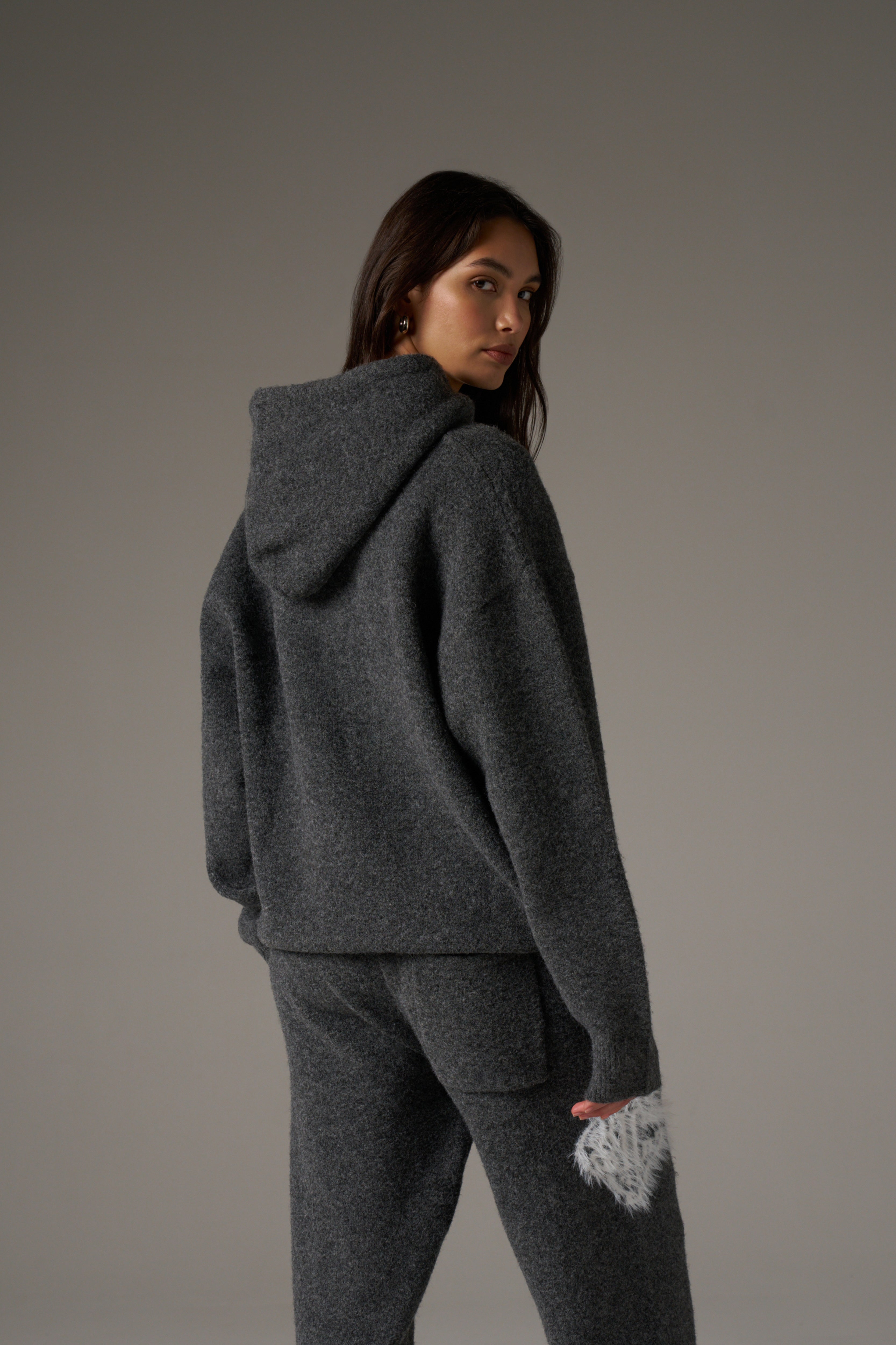 MONOGRAM FLUFFY KNIT ZIP THROUGH HOODIE - CHARCOAL