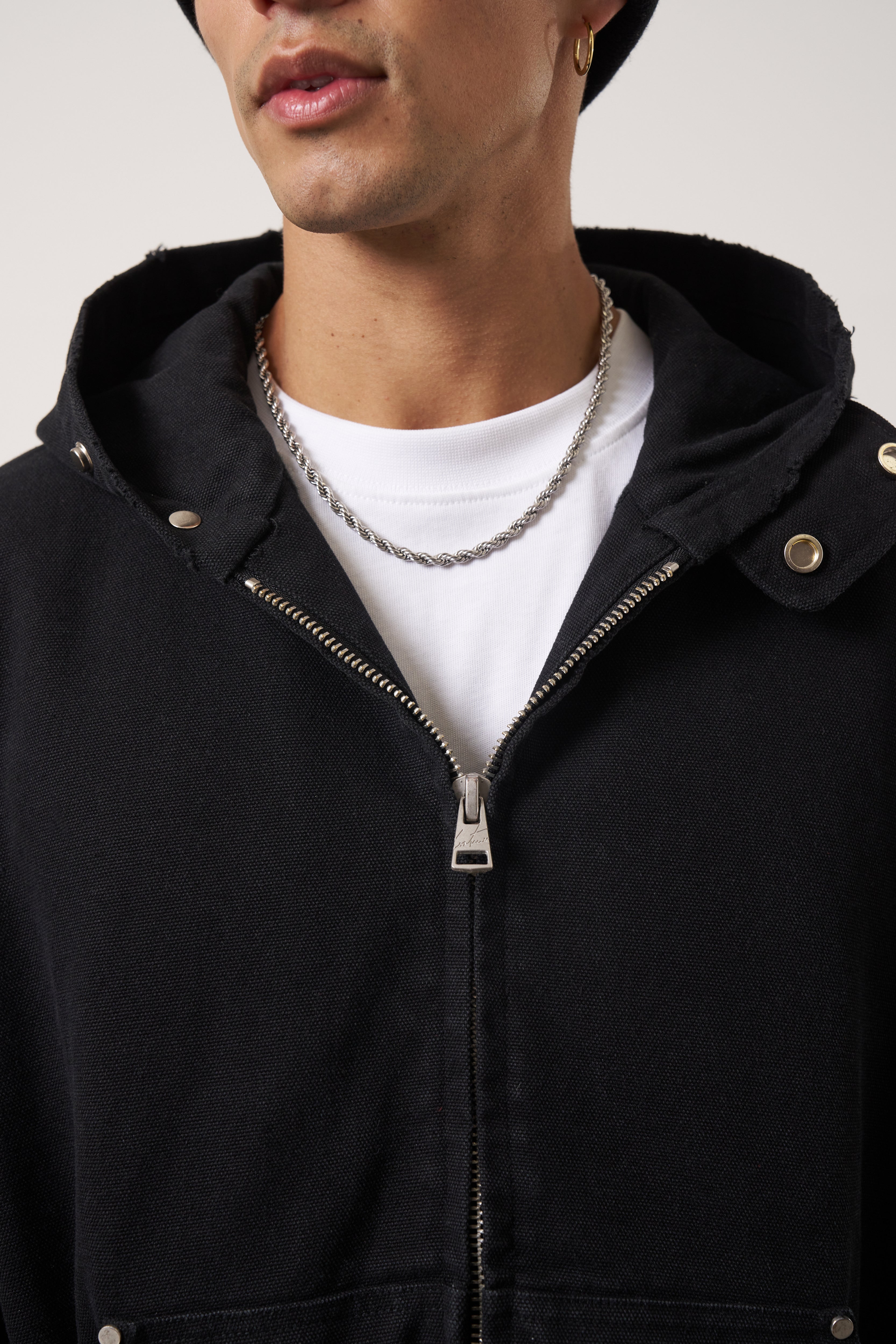 DISTRESSED WOVEN CANVAS HOODED JACKET - WASHED BLACK – The