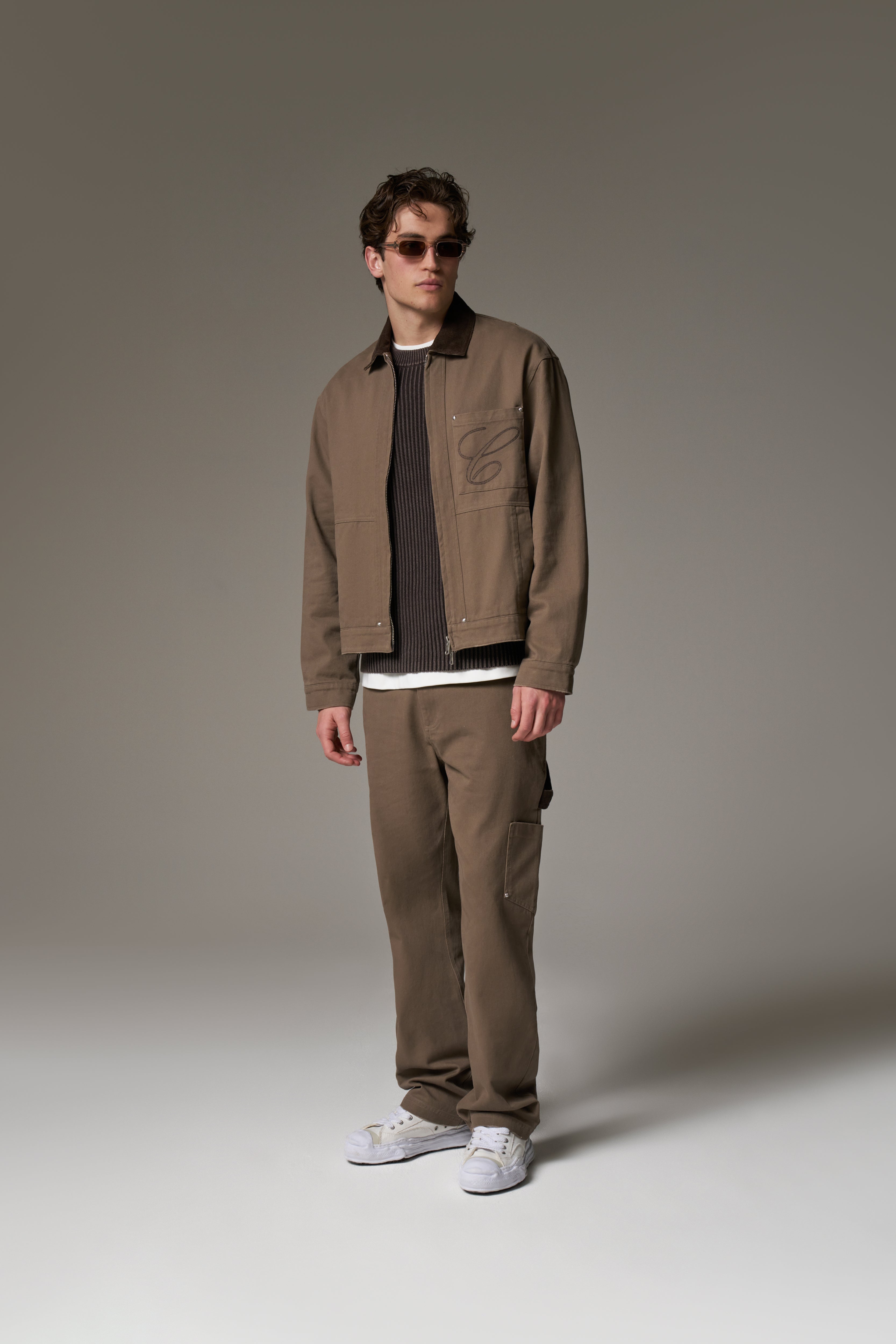 TWILL CONTRAST COLLAR JACKET - WASHED BROWN