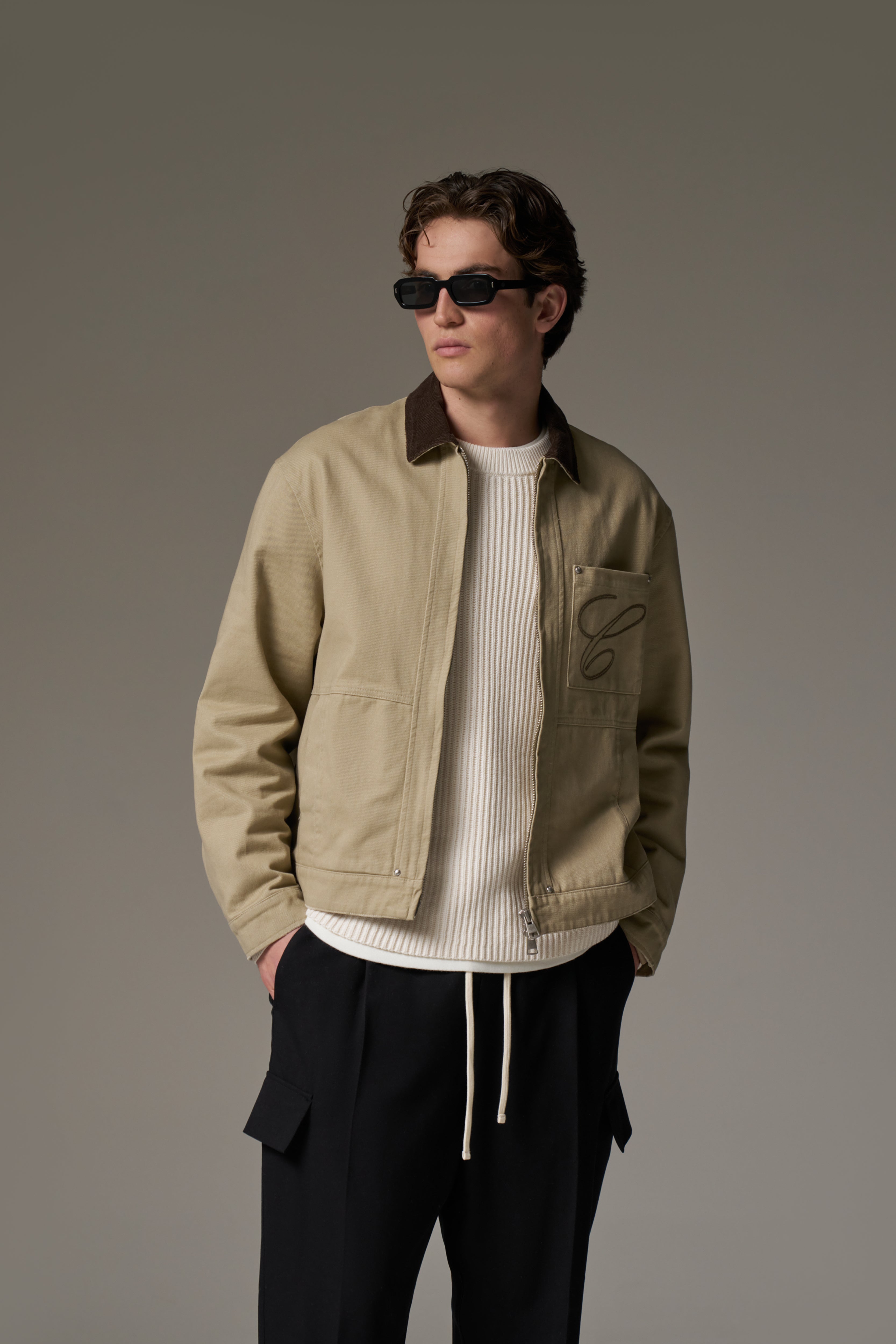 TWILL CONTRAST COLLAR JACKET - BEIGE