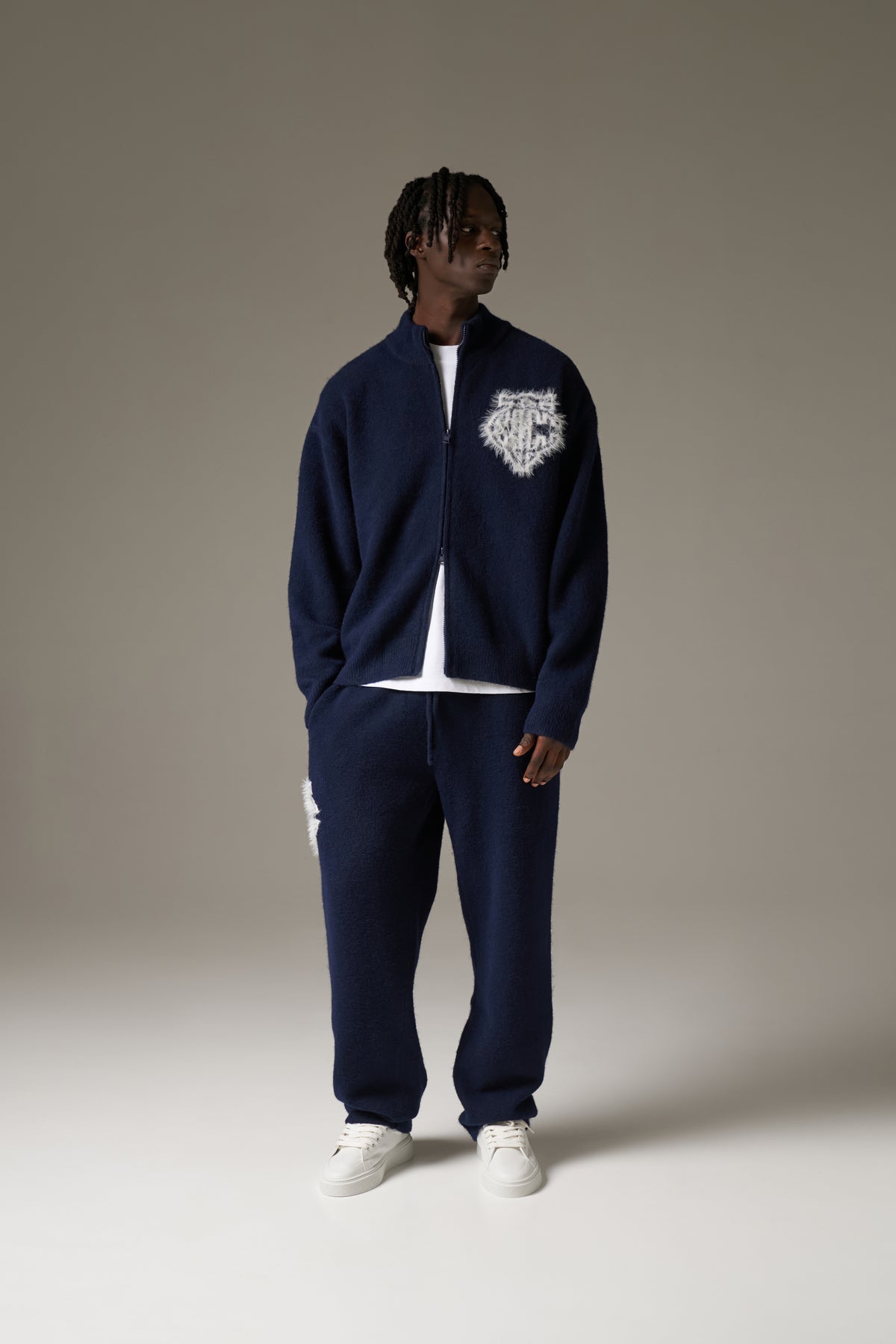 MONOGRAM FLUFFY KNIT ZIP THROUGH - NAVY