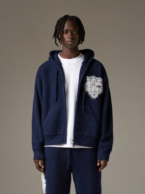 MONOGRAM FLUFFY KNIT ZIP THROUGH HOODIE - NAVY