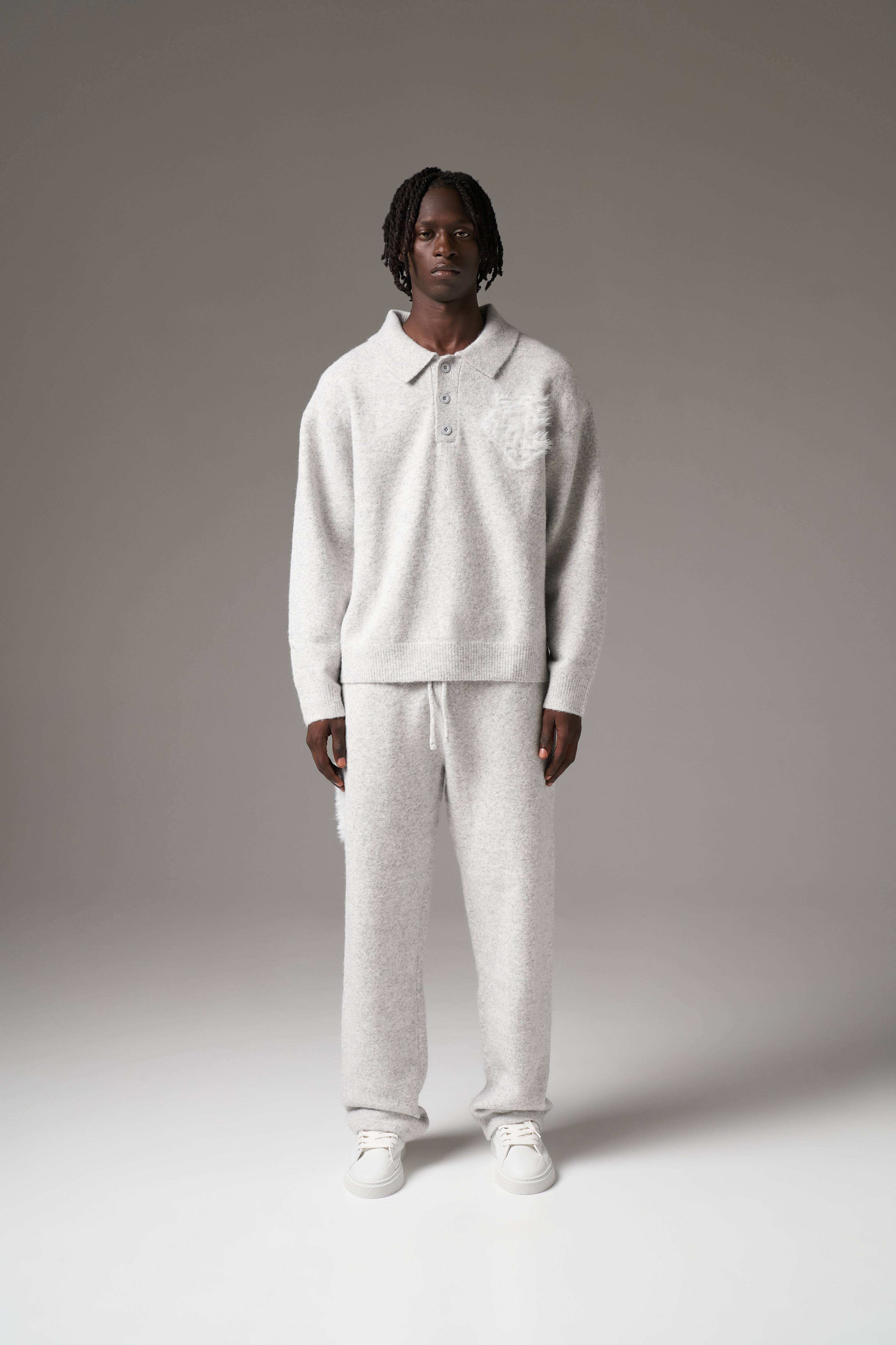MONOGRAM FLUFFY KNIT POLO - GREY MARL