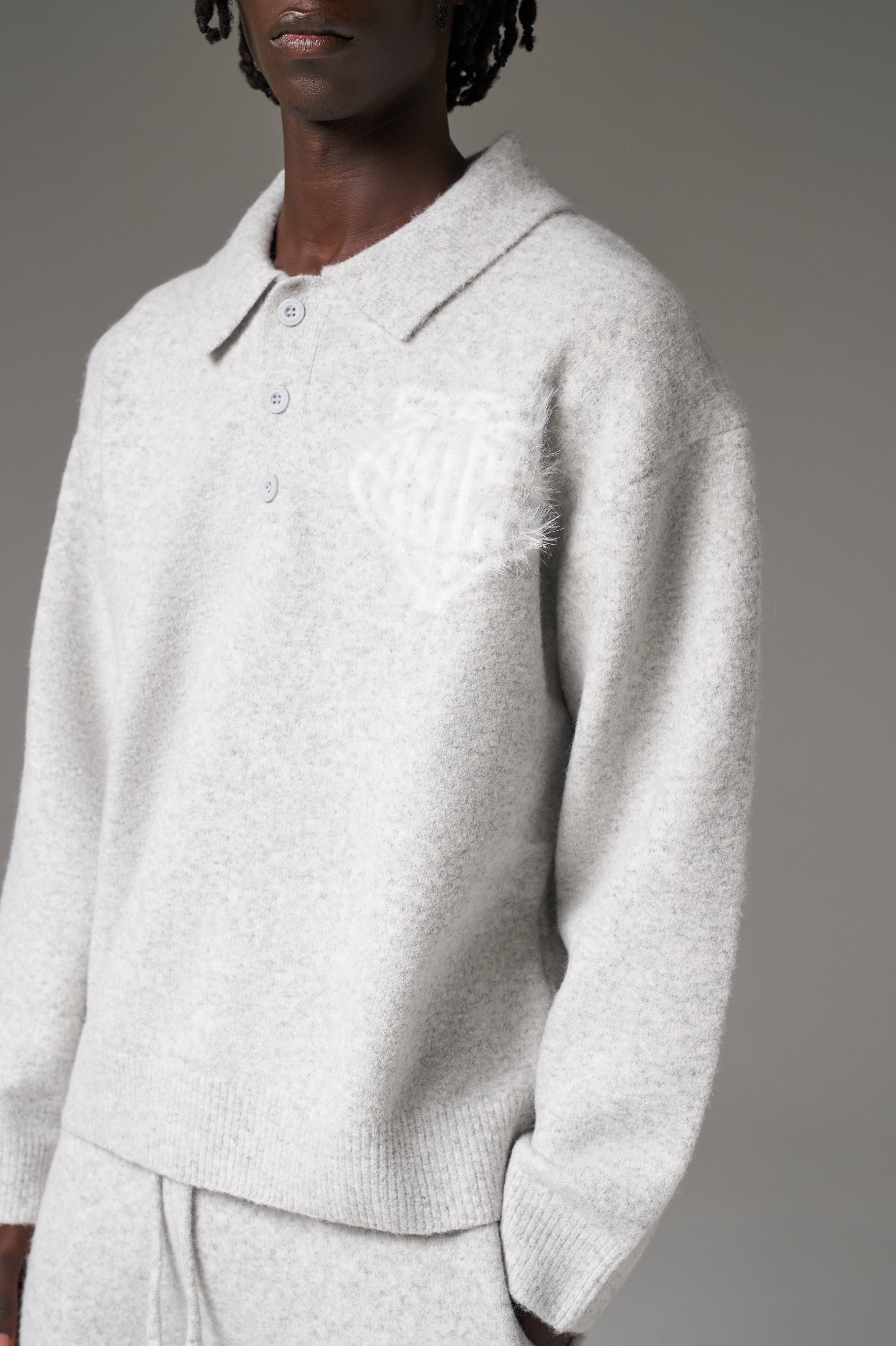 MONOGRAM FLUFFY KNIT POLO - GREY MARL