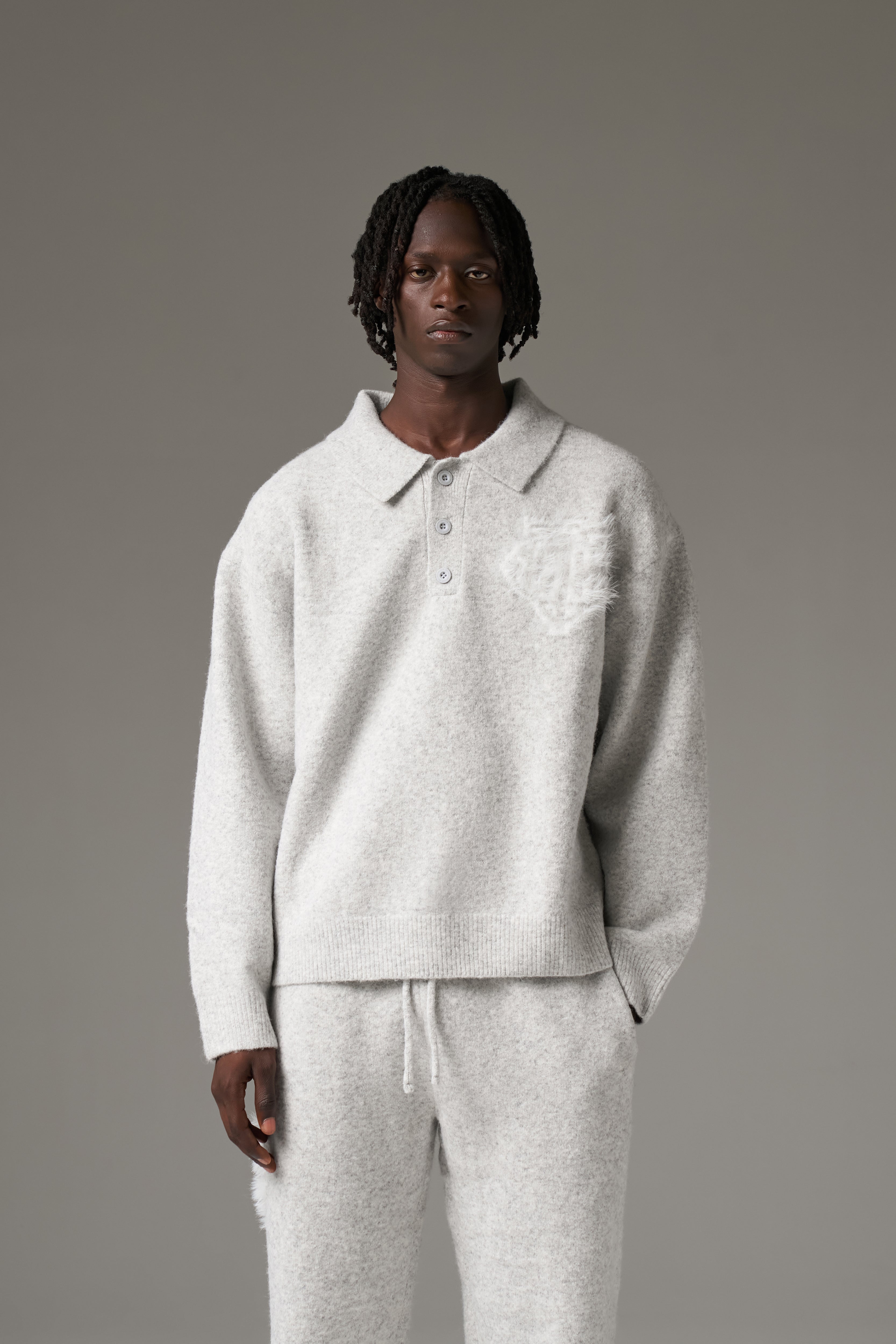 MONOGRAM FLUFFY KNIT POLO - GREY MARL