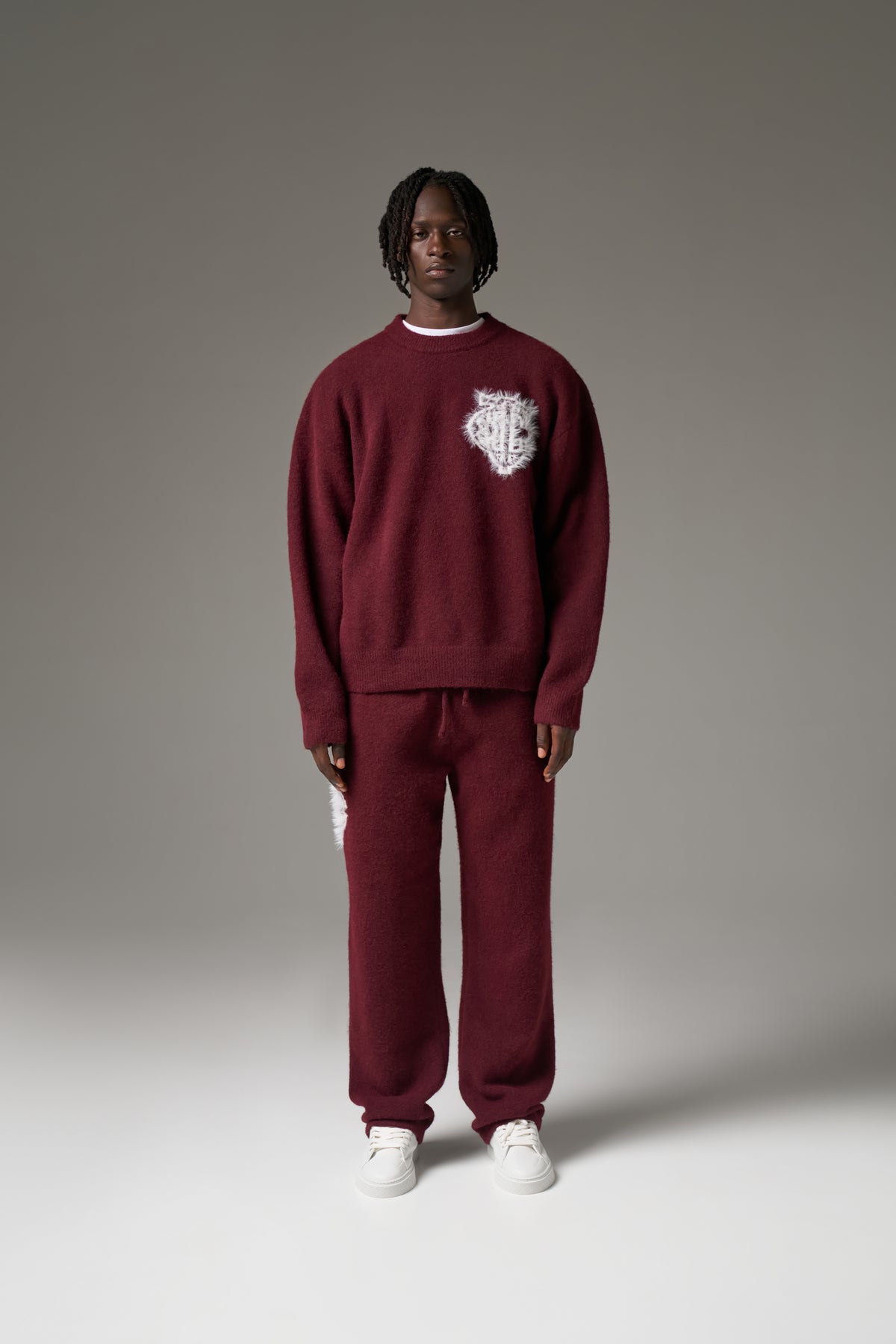MONOGRAM FLUFFY KNIT JOGGERS - BURGUNDY