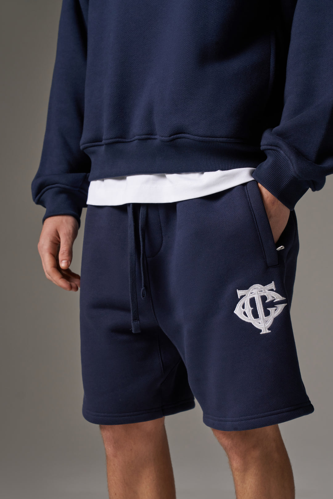 HEAVYWEIGHT MONOGRAM SHORTS - NAVY – The Couture Club