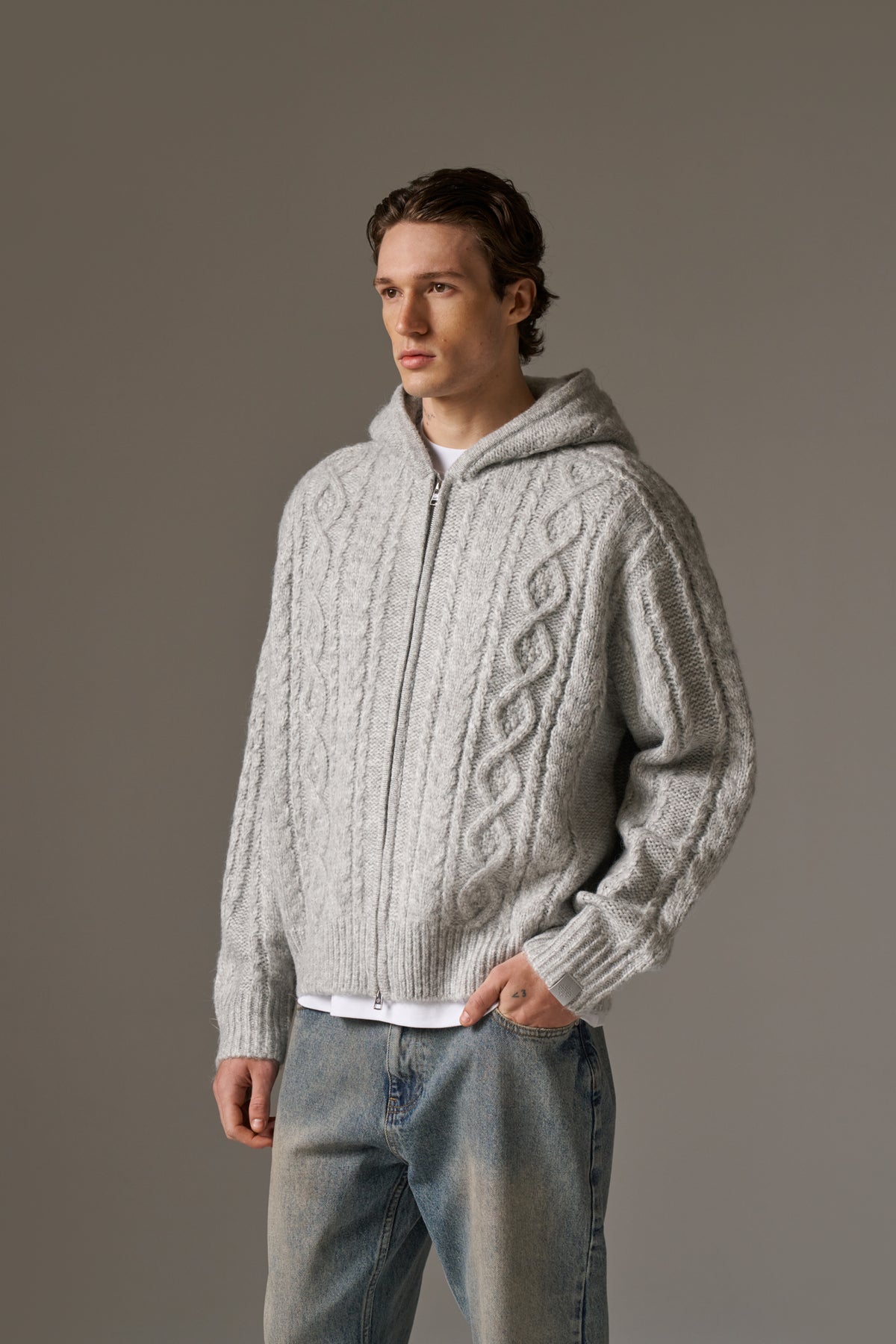CABLE KNIT ZIP THROUGH HOODIE - GREY