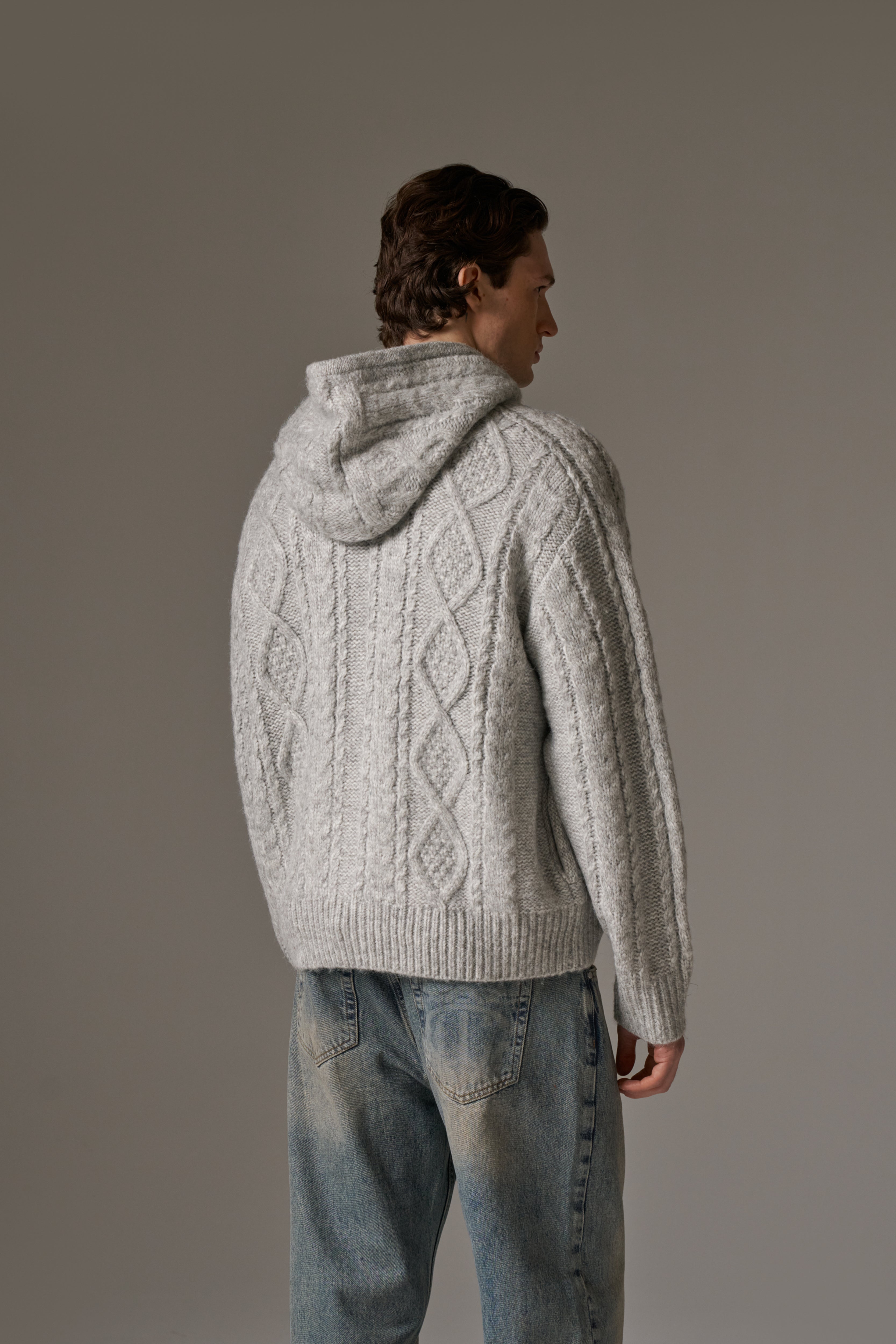 CABLE KNIT ZIP THROUGH HOODIE - GREY