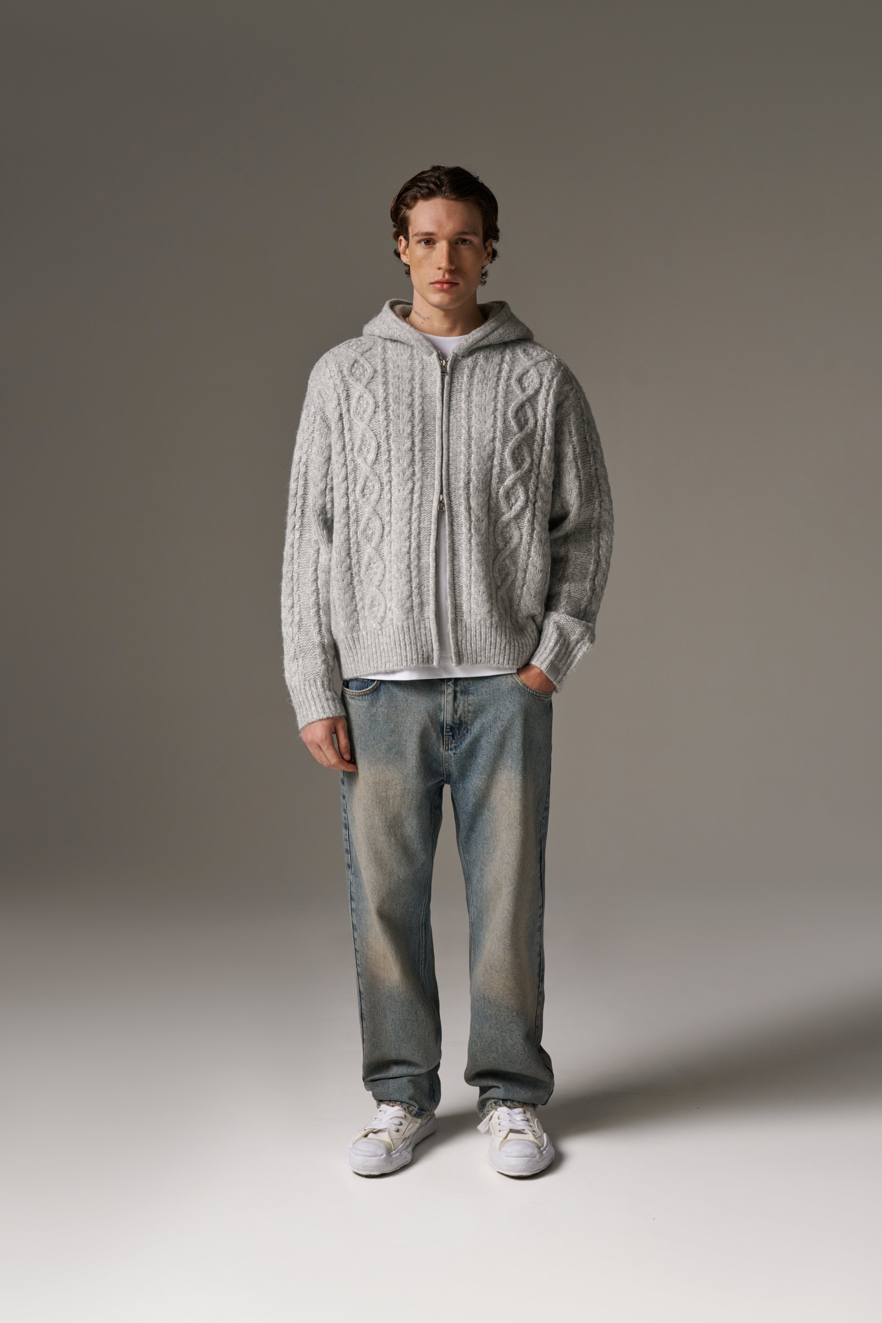 CABLE KNIT ZIP THROUGH HOODIE - GREY – The Couture Club