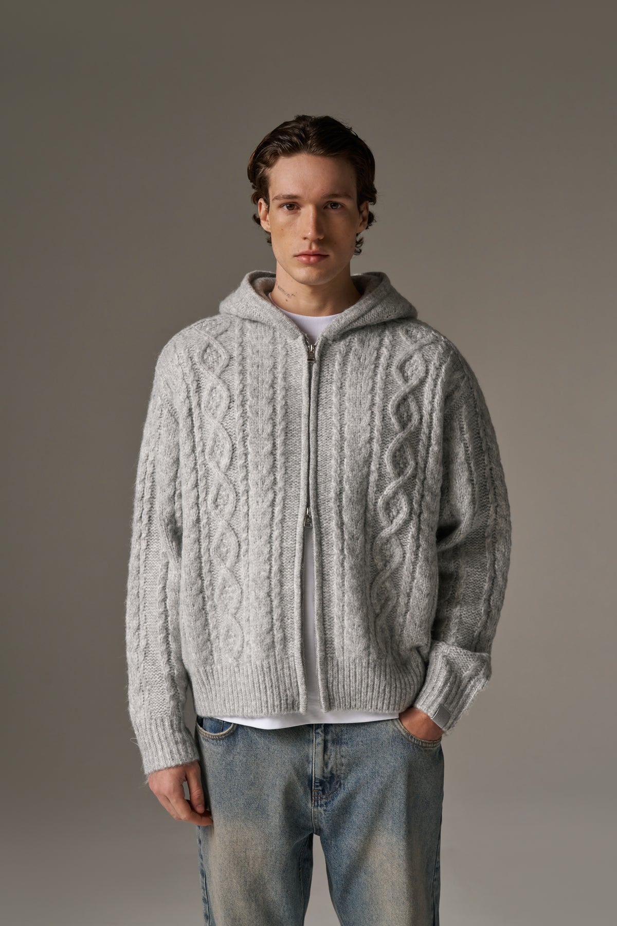CABLE KNIT ZIP THROUGH HOODIE - GREY