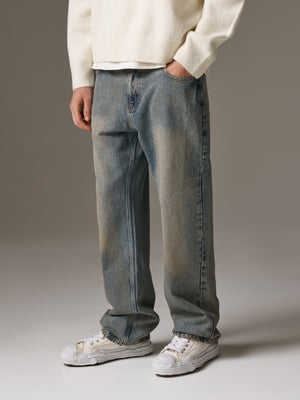 VINTAGE WASHED EMBLEM STRAIGHT LEG JEANS - BLUE WASH