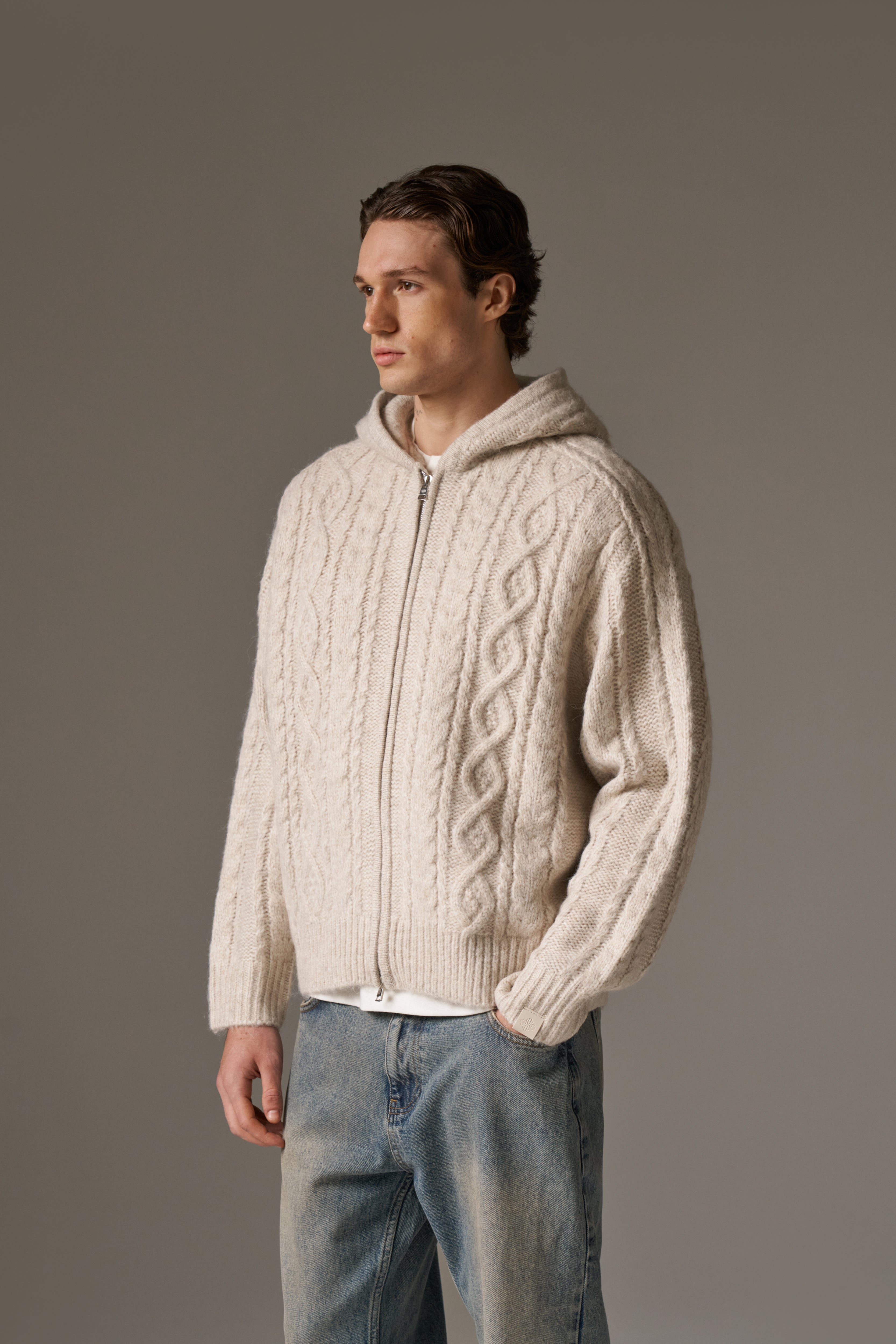CABLE KNIT ZIP THROUGH HOODIE - STONE – The Couture Club