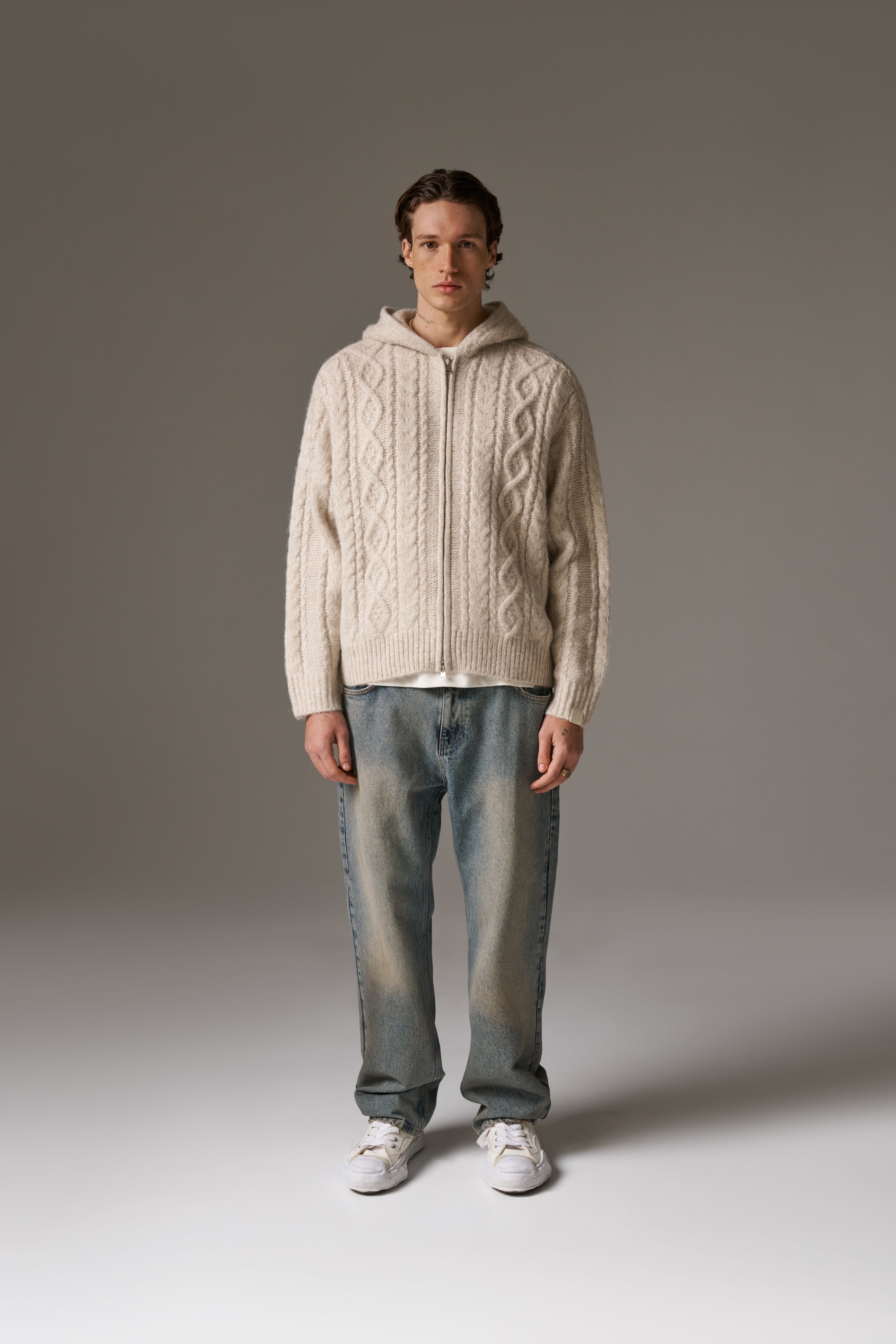 CABLE KNIT ZIP THROUGH HOODIE - STONE – The Couture Club
