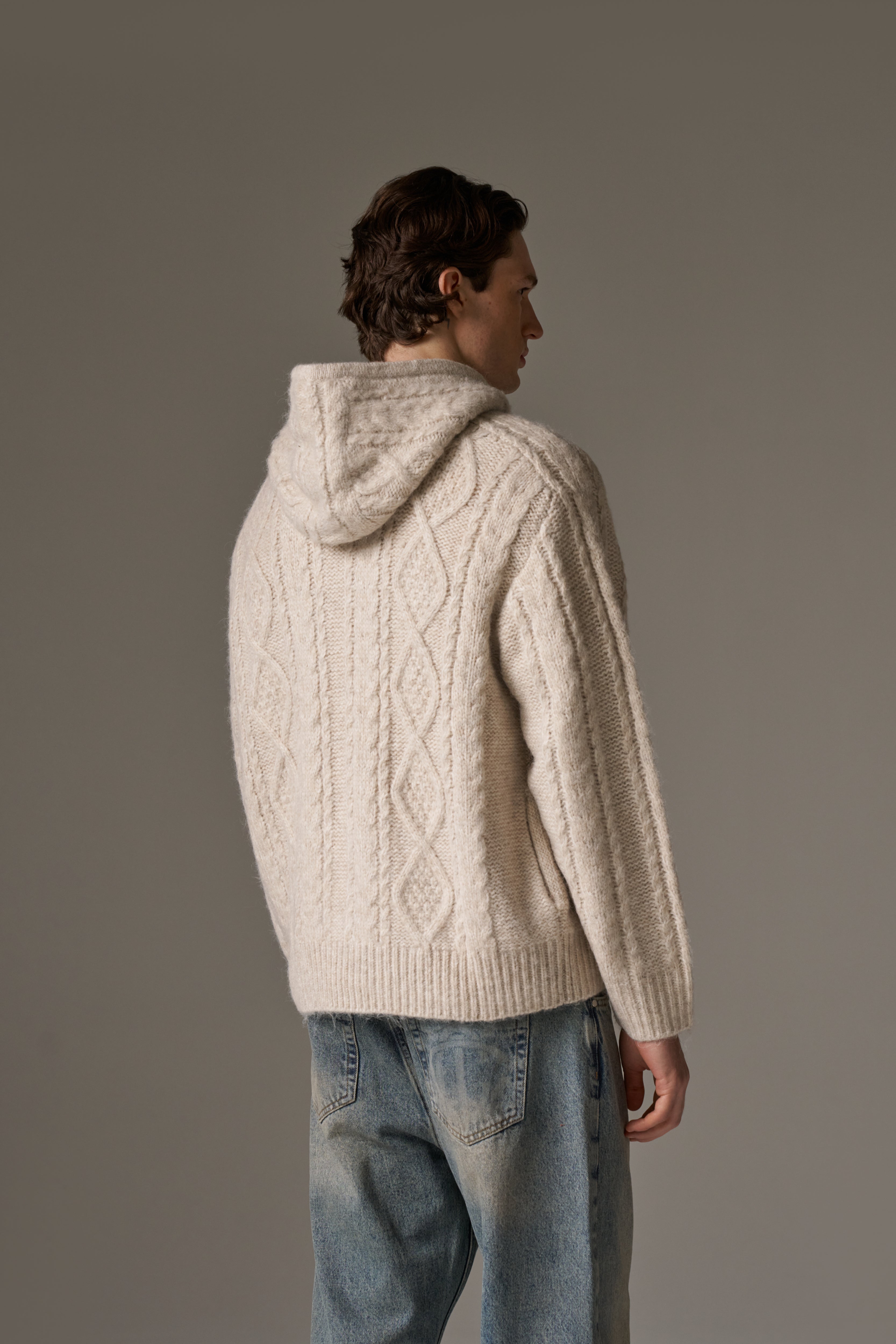 CABLE KNIT ZIP THROUGH HOODIE - STONE – The Couture Club