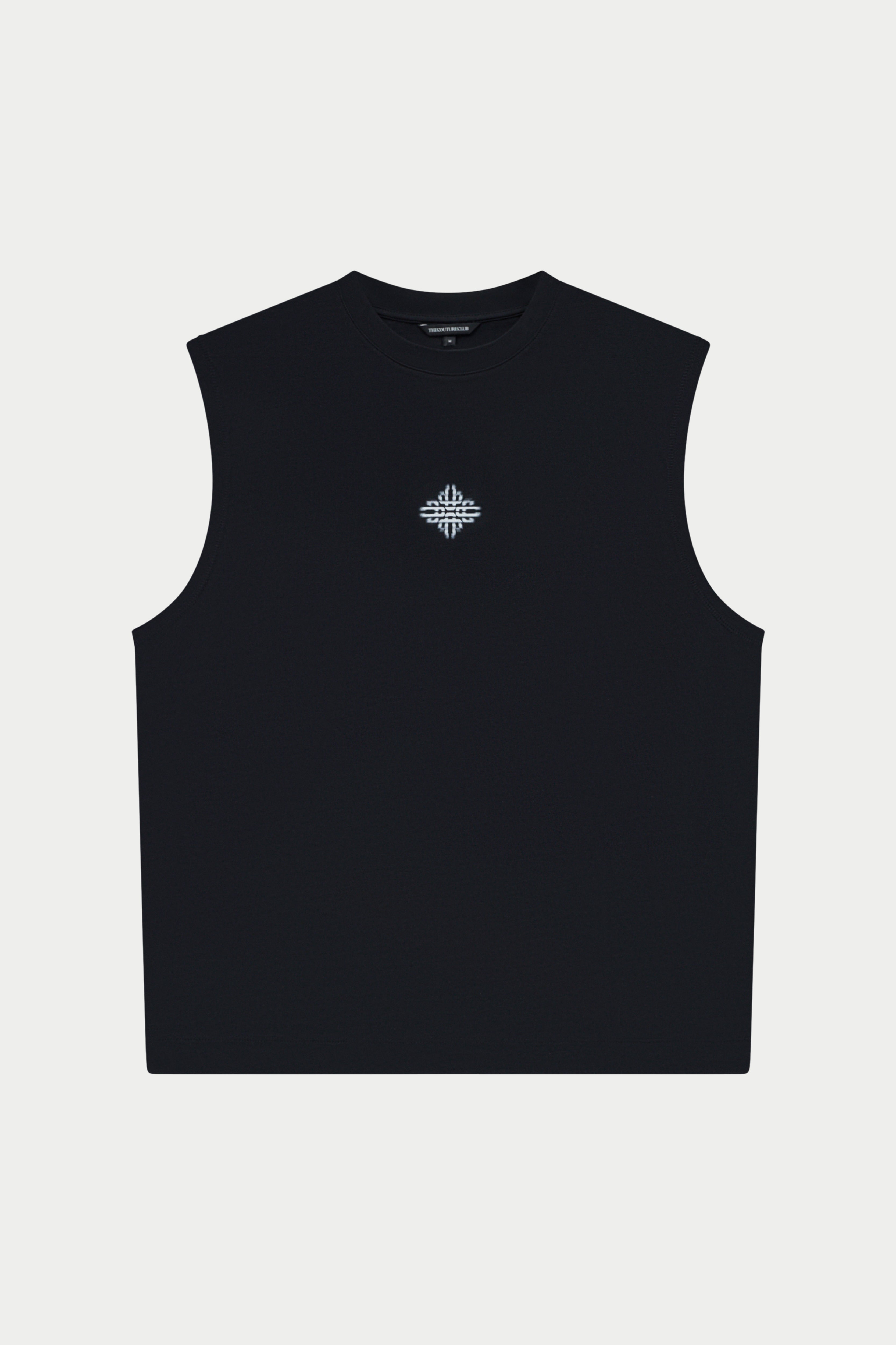 Black vest with a small logo on a white background