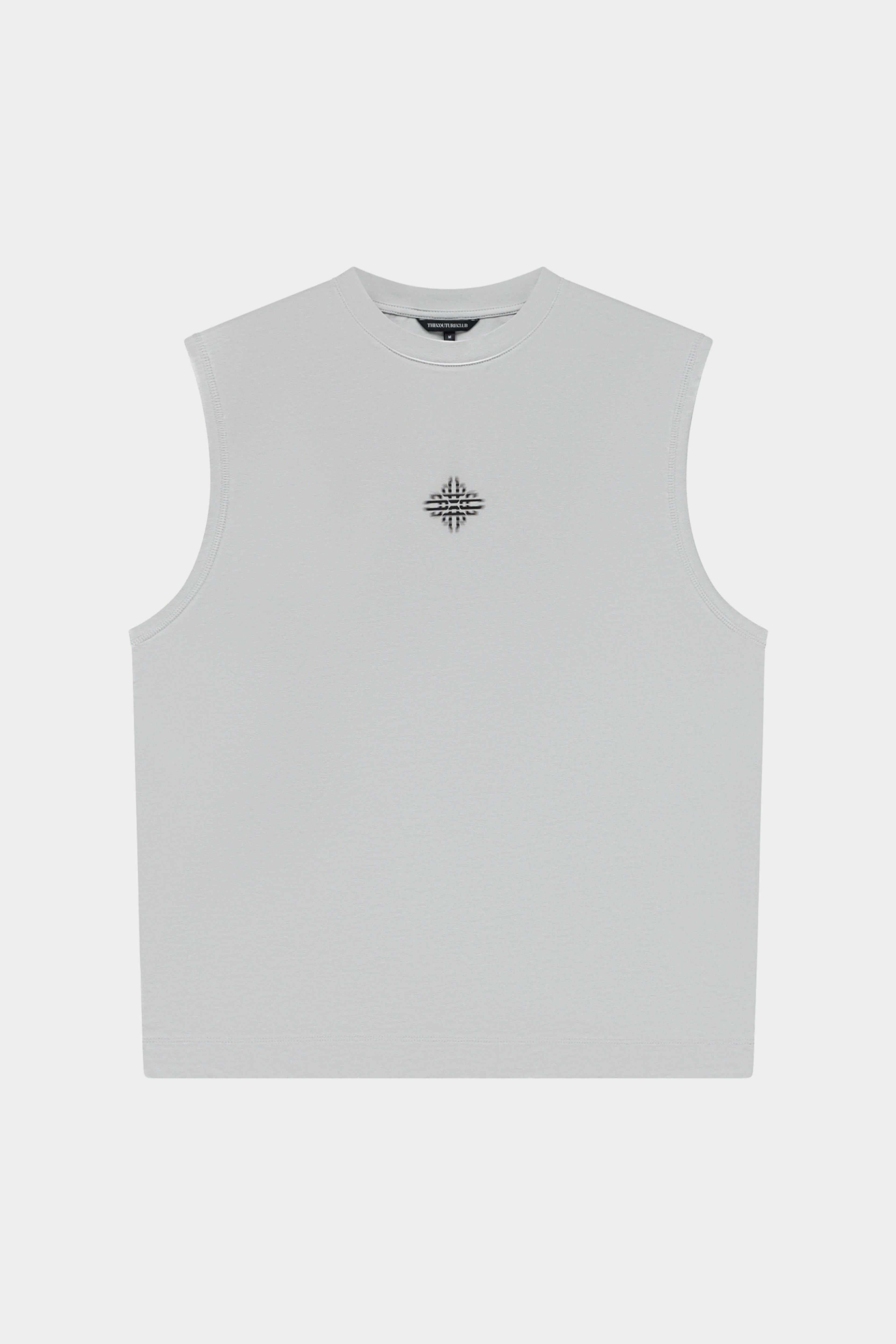 White vest with a black logo on a white background