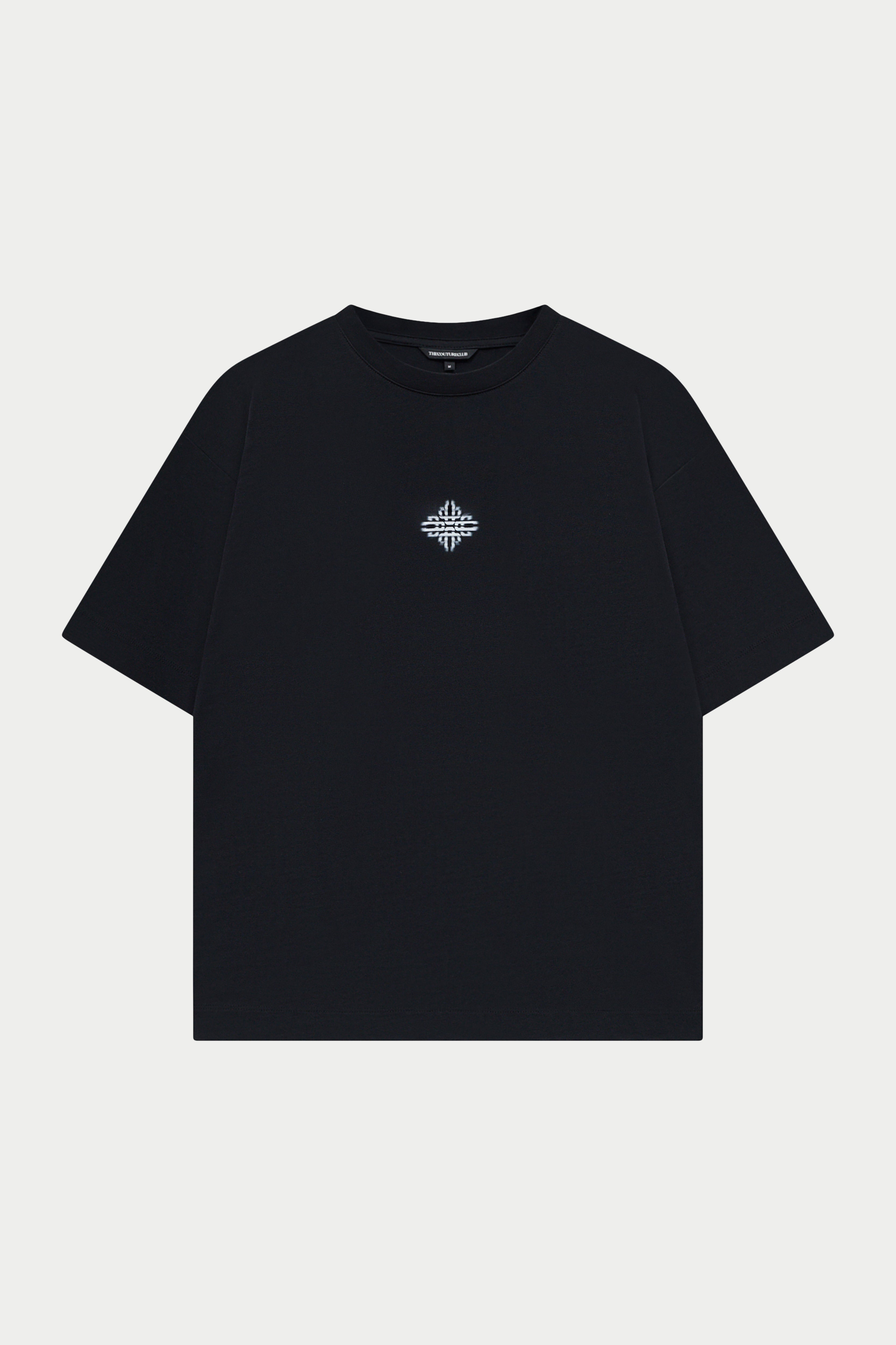 Black t-shirt with a small white logo on a white background