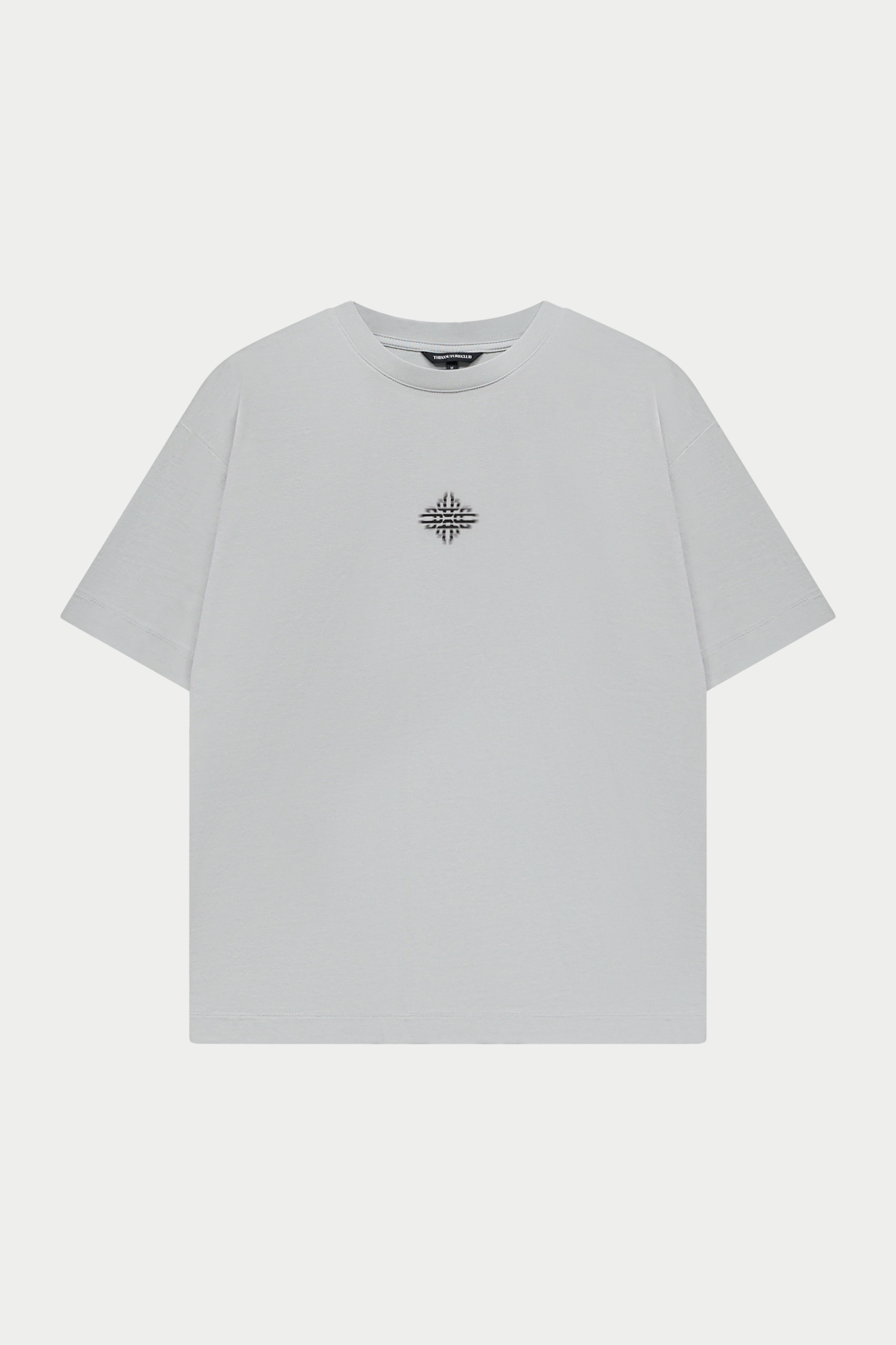Light grey t-shirt with a small black logo on a white background