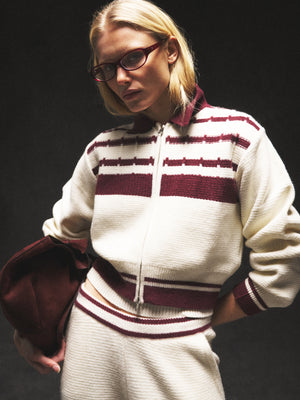 CONTRAST STRIPE KNITTED ZIP THROUGH - OFF WHITE