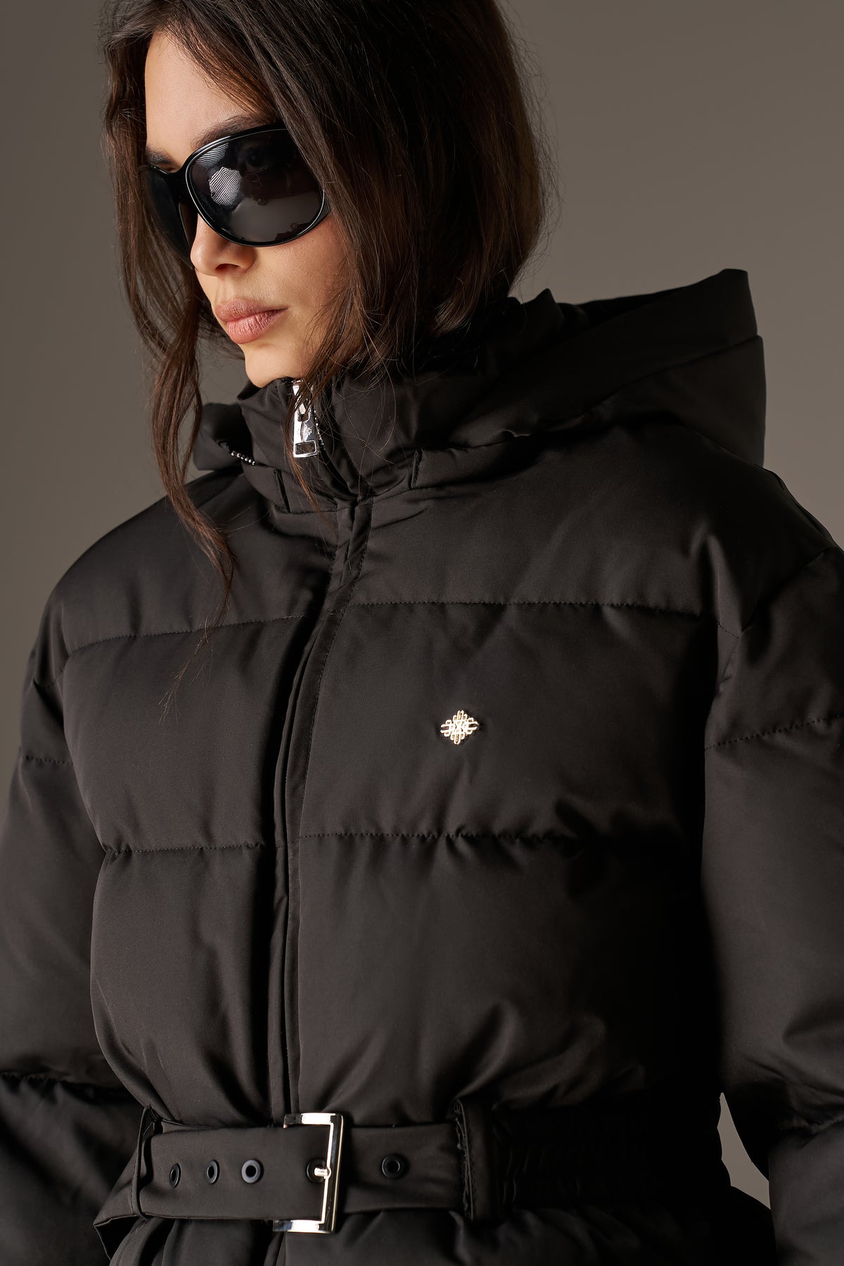 NYLON BELTED PUFFER - BLACK