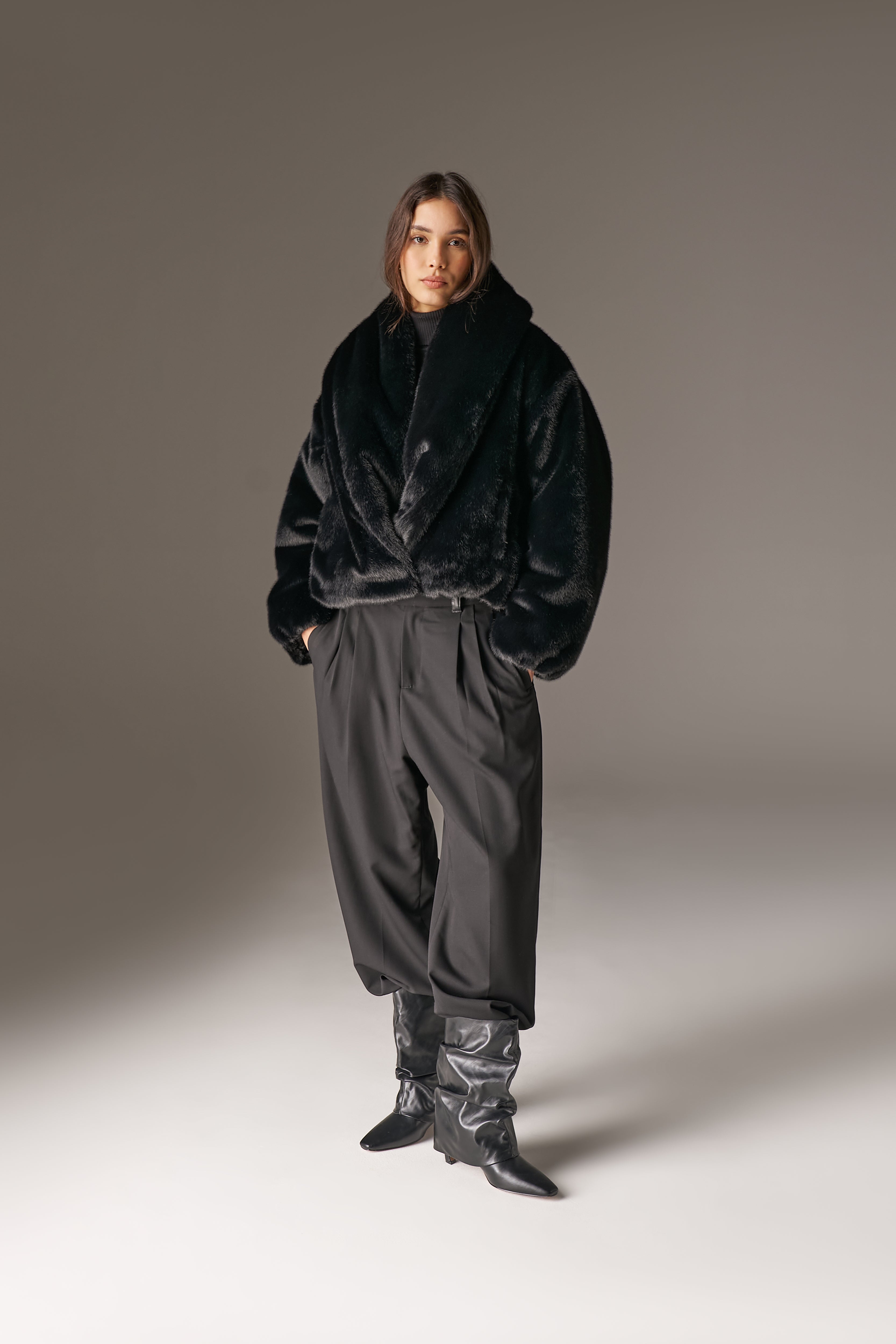 OVERSIZED COLLAR FAUX FUR PUFFER COAT - BLACK