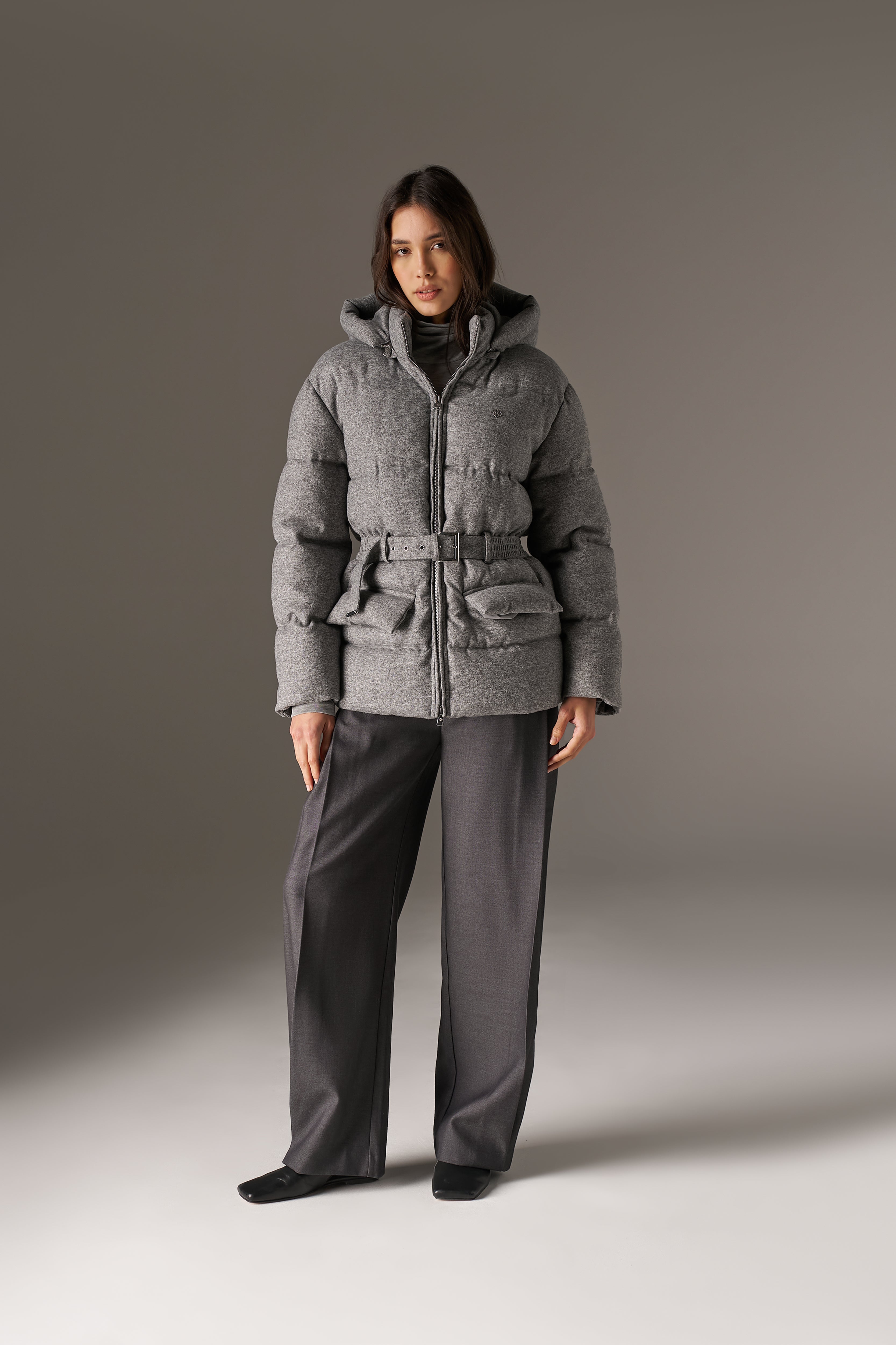 WOVEN BELTED PUFFER COAT - GREY