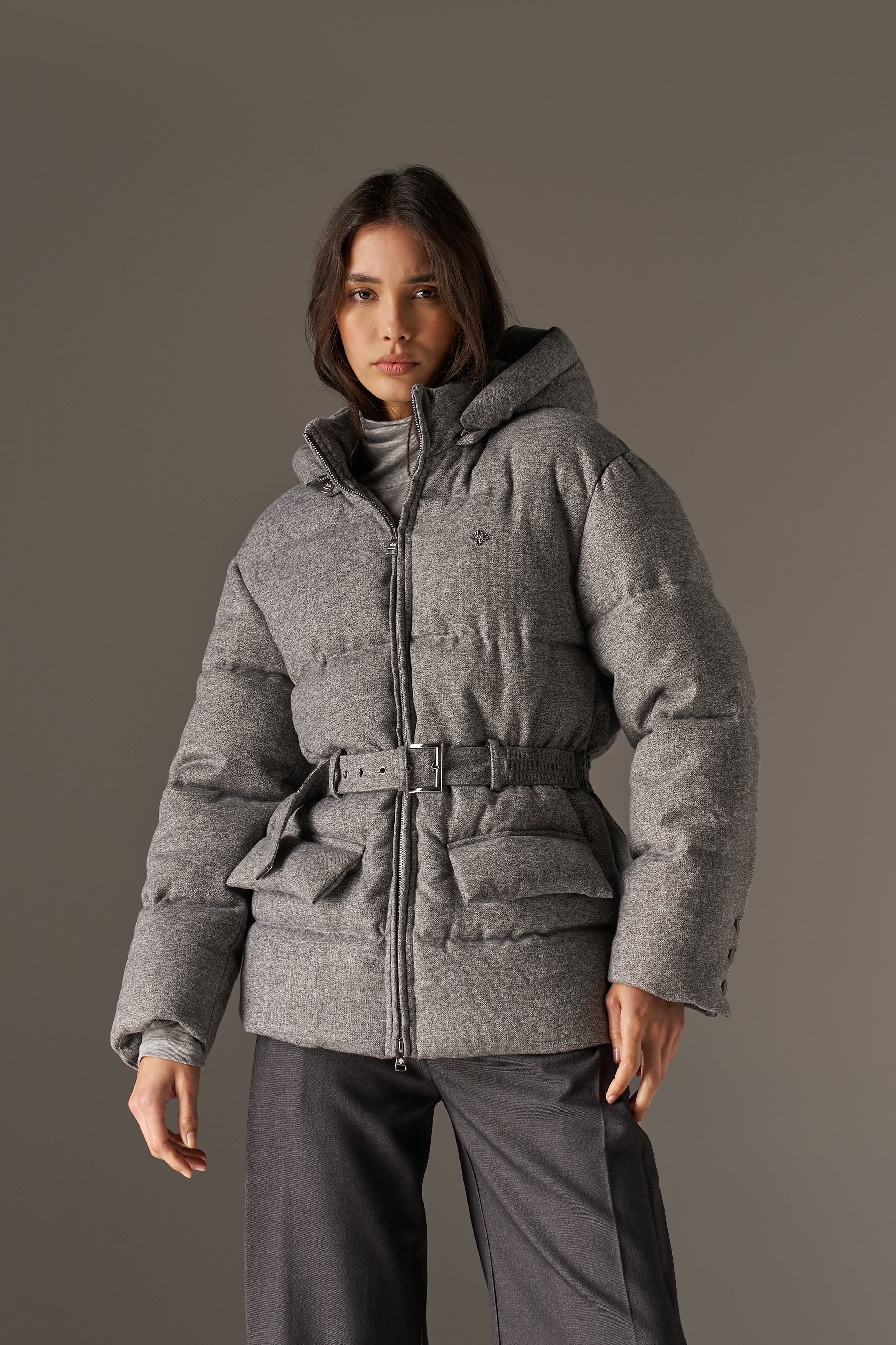 WOVEN BELTED PUFFER COAT - GREY
